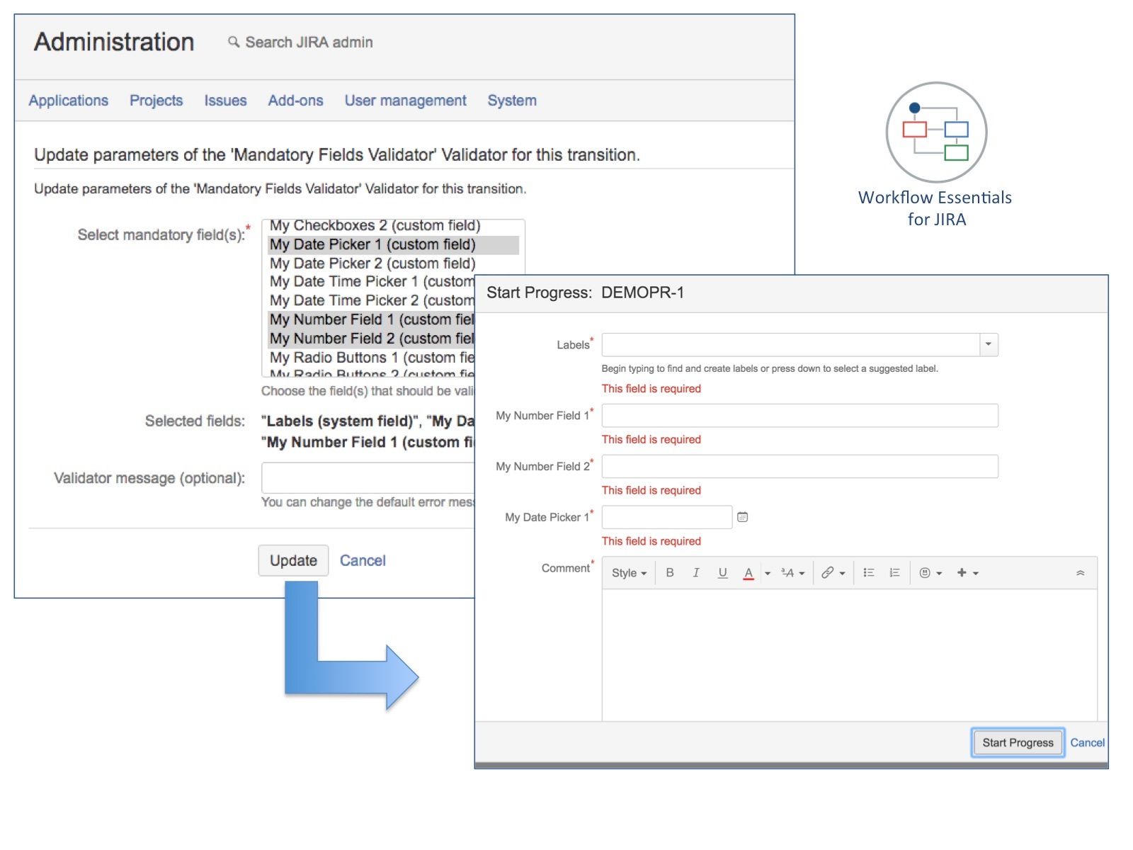 In the screenshot you see the configuration page of the validator and below an example on the "start progress" transition screen. A red asterisk indicates required fields. Custom error messages can be defined.