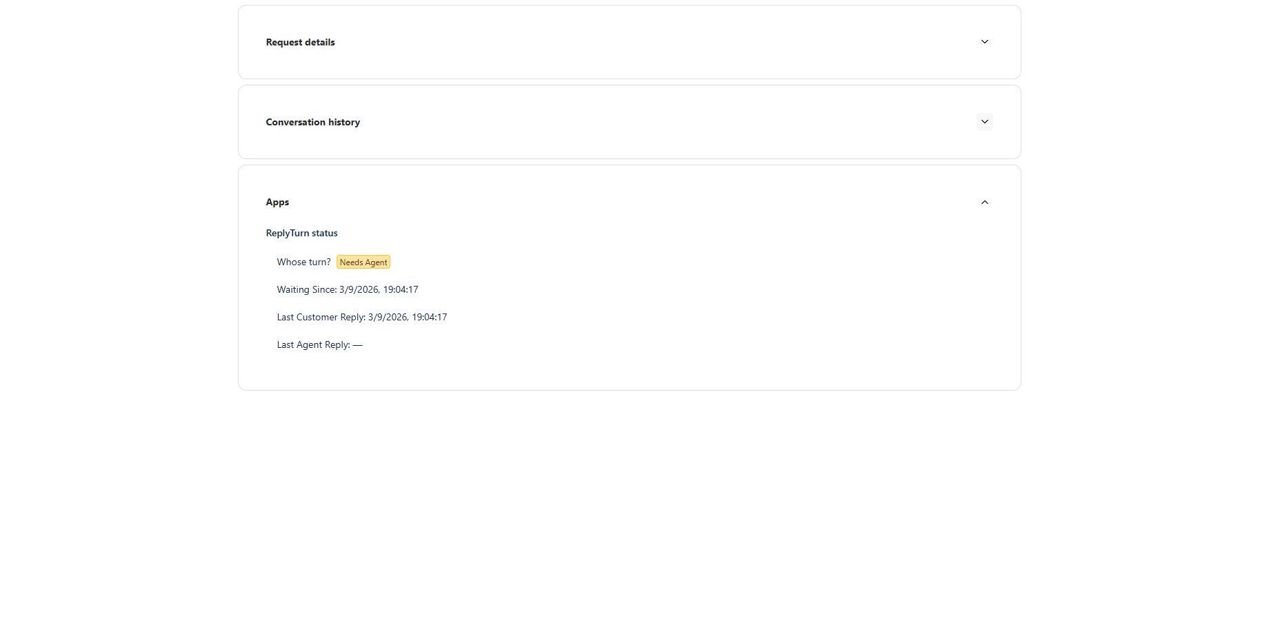 ReplyTurn status is embedded in the real CSM request experience and uses the same shared state engine as JSM.