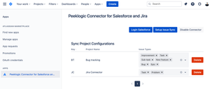 Peeklogic Salesforce Connector with Configures Projects and Issue Types to Sync with Salesforce