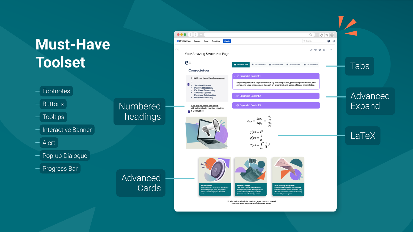 Better Formatting with Tabs, Advanced Expand, Tabs, Background, Advanced Cards, LaTeX, Numbered Headings, Alert/Page Status macro, Buttons, Tooltip, Footnotes, Interactive Banner + AI and more