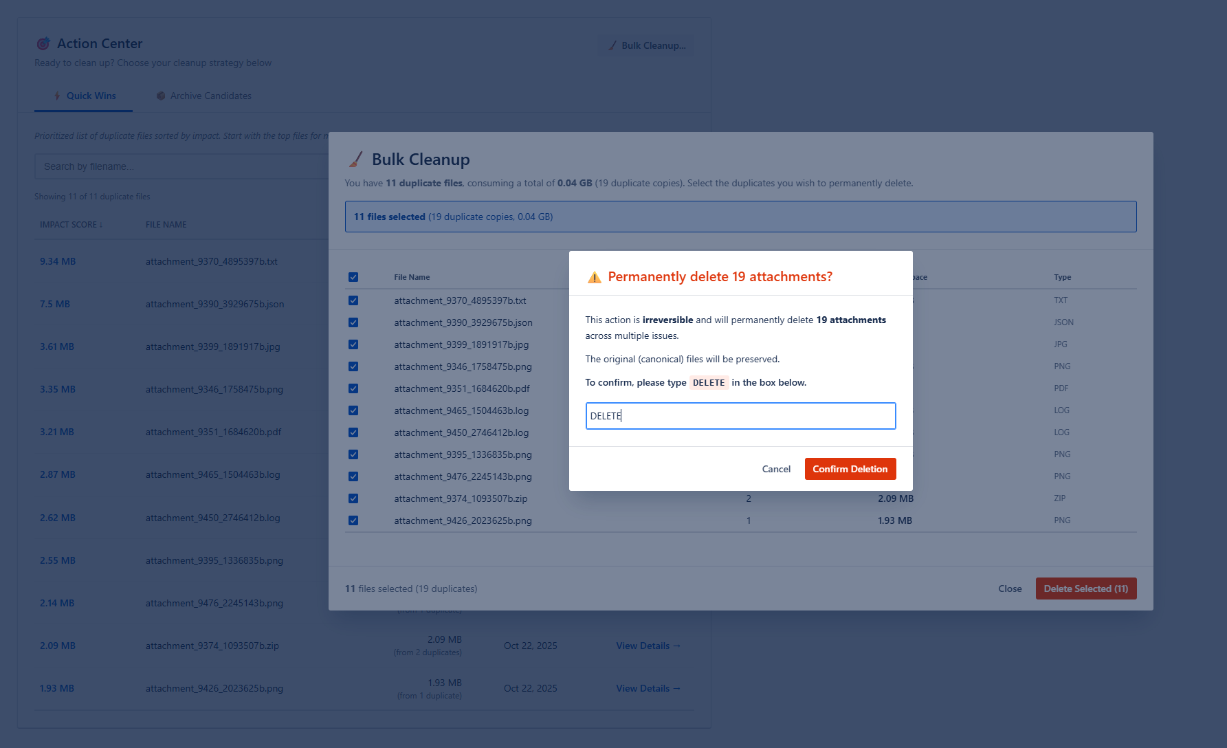 The Action Center provides a complete list of duplicates, while the secure Bulk Cleanup modal ensures every deletion is safe and deliberate. You are always in control.
