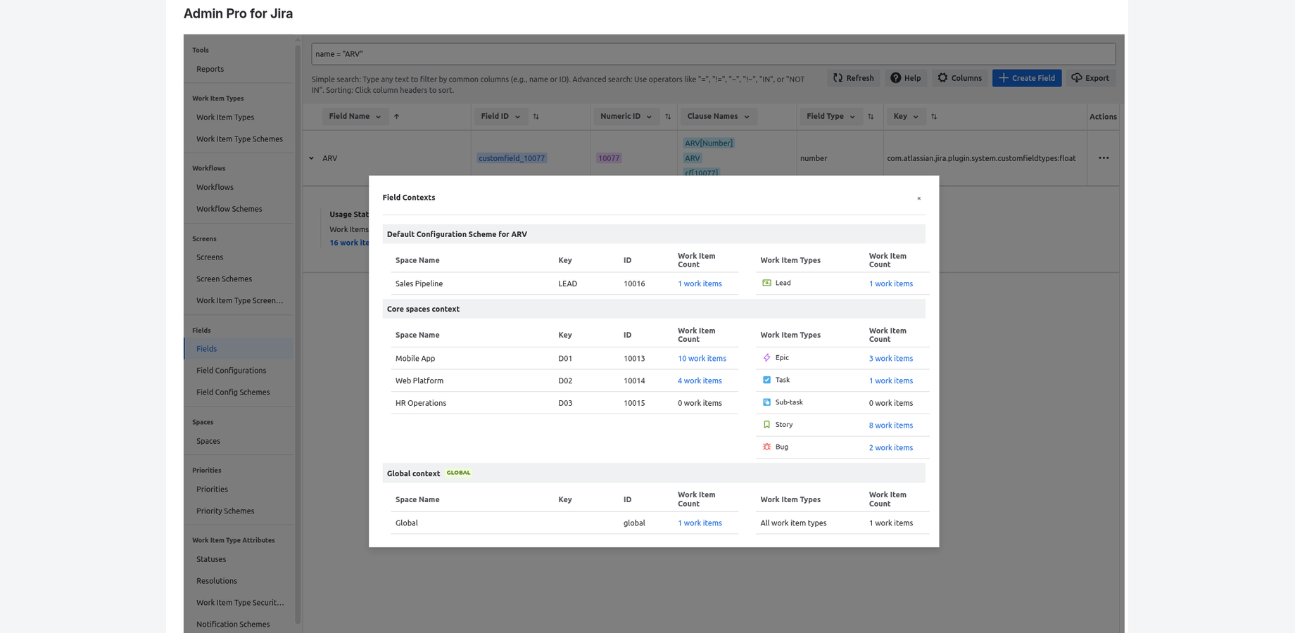 Open a custom field to see the spaces and work item types in each of its contexts, with work item counts. Screens list their screen schemes, workflow transitions and spaces; schemes list the spaces that use them.