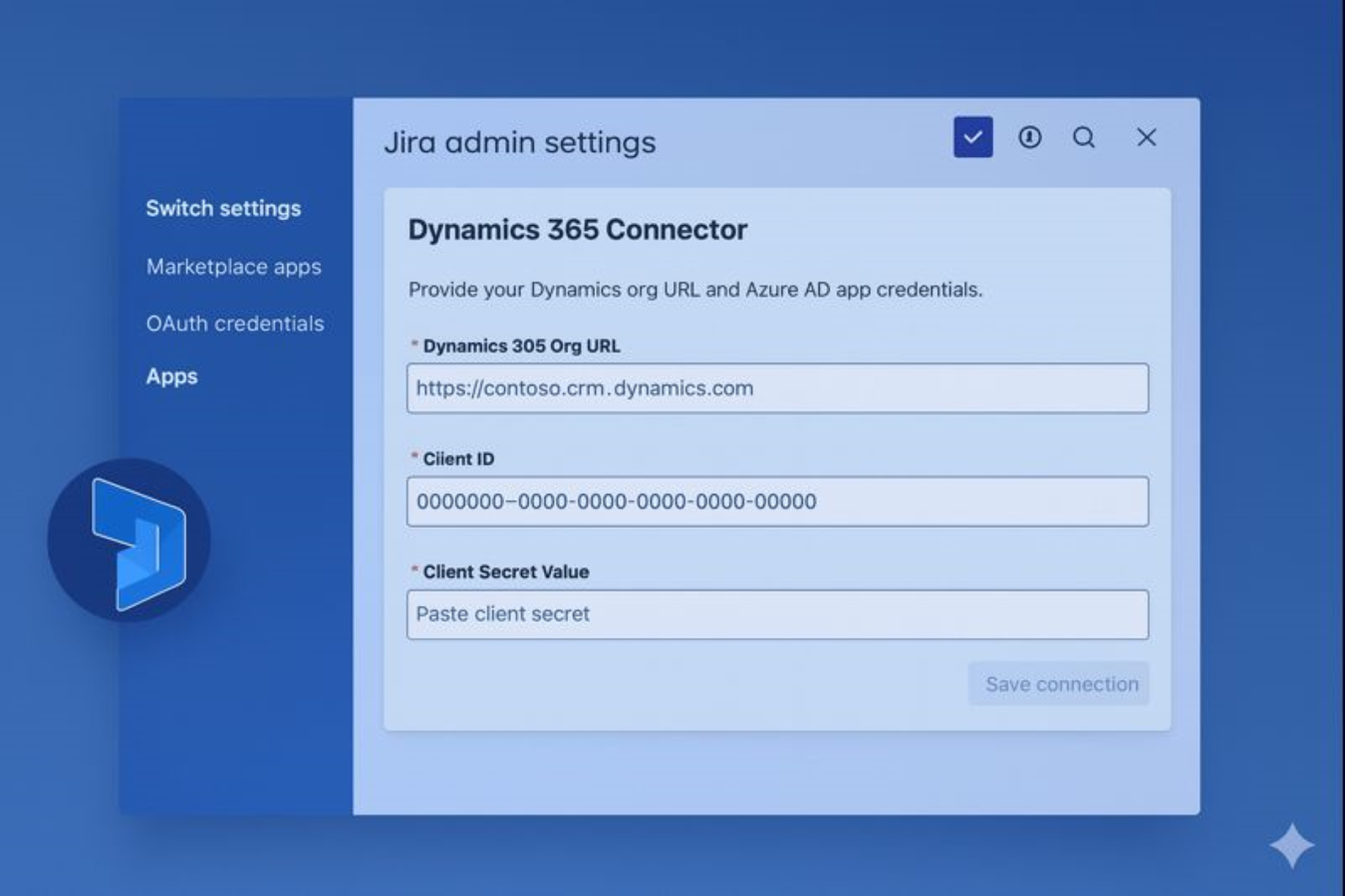 Admin screen showing a successful Dynamics 365 connection configured inside Jira using Azure AD credentials.