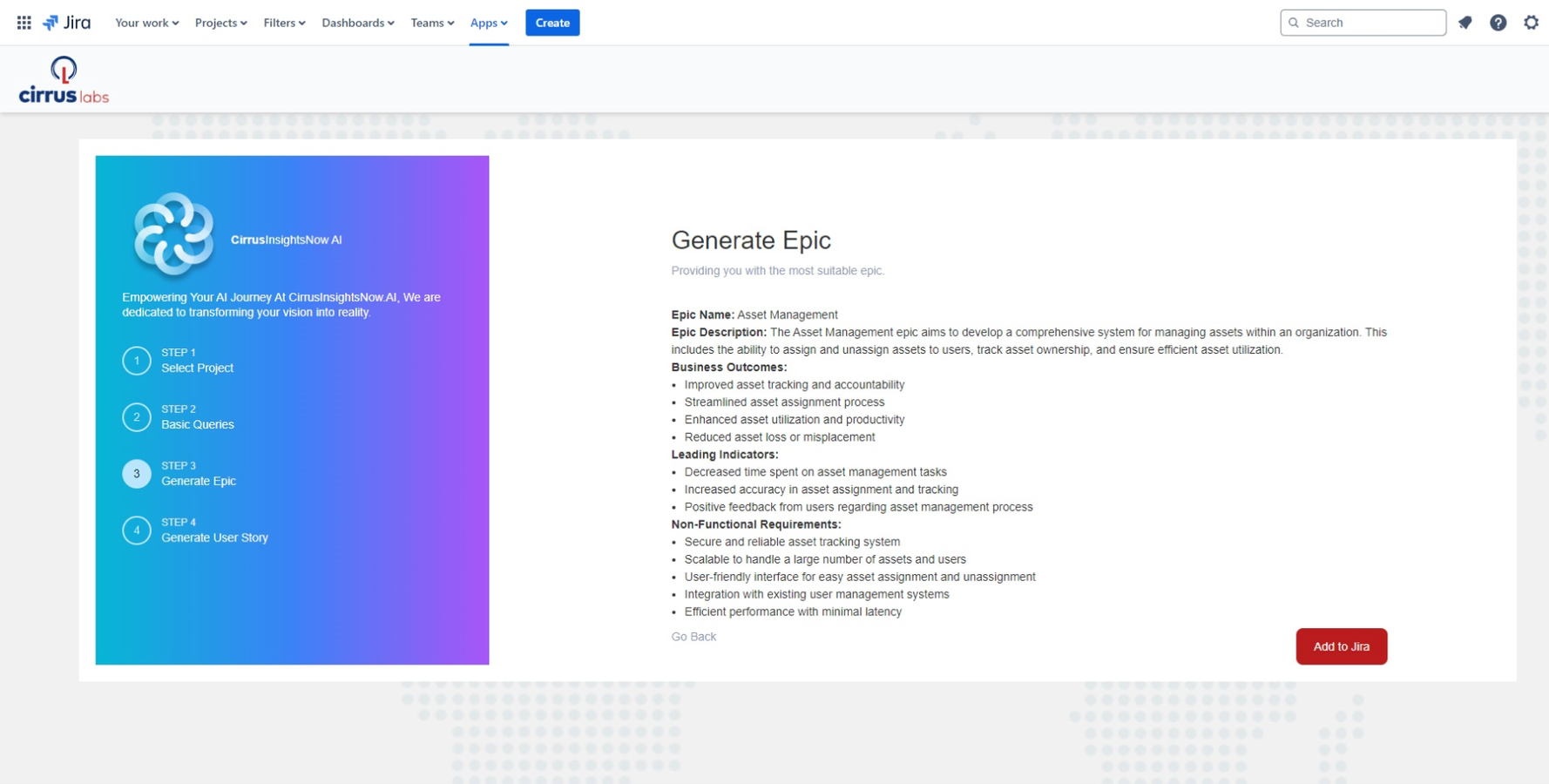 View the generated Epic and add it to Jira