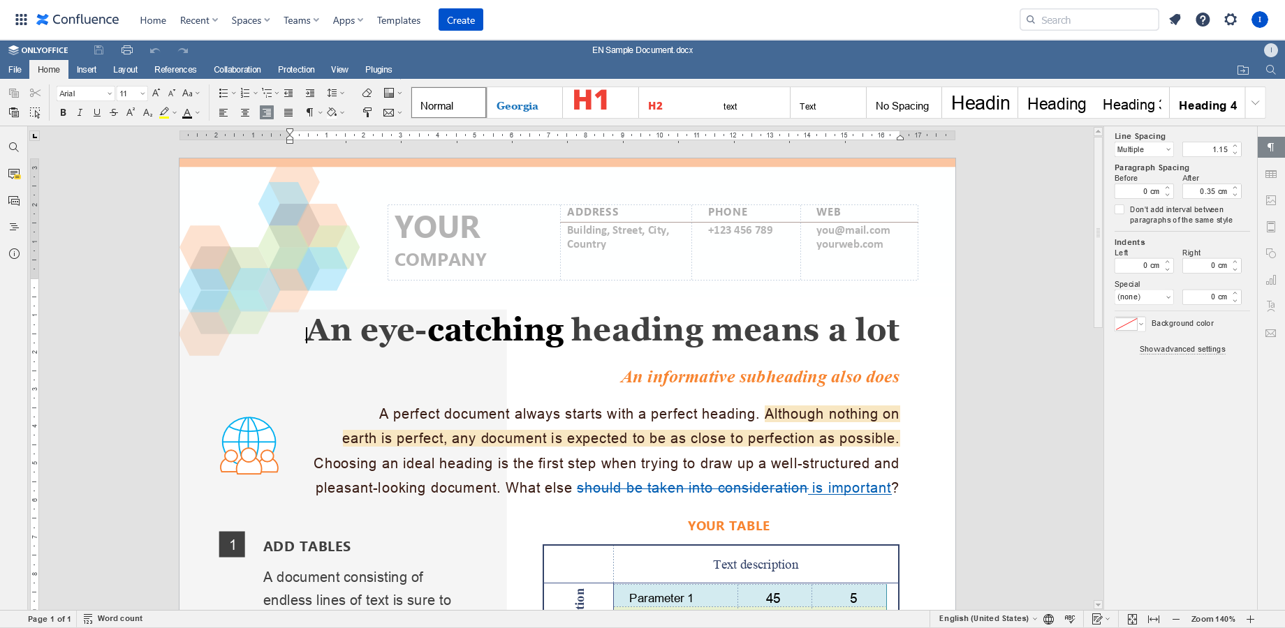 In this screenshot, you can see how editing of text documents with ONLYOFFICE Docs within Confluence Cloud looks like.