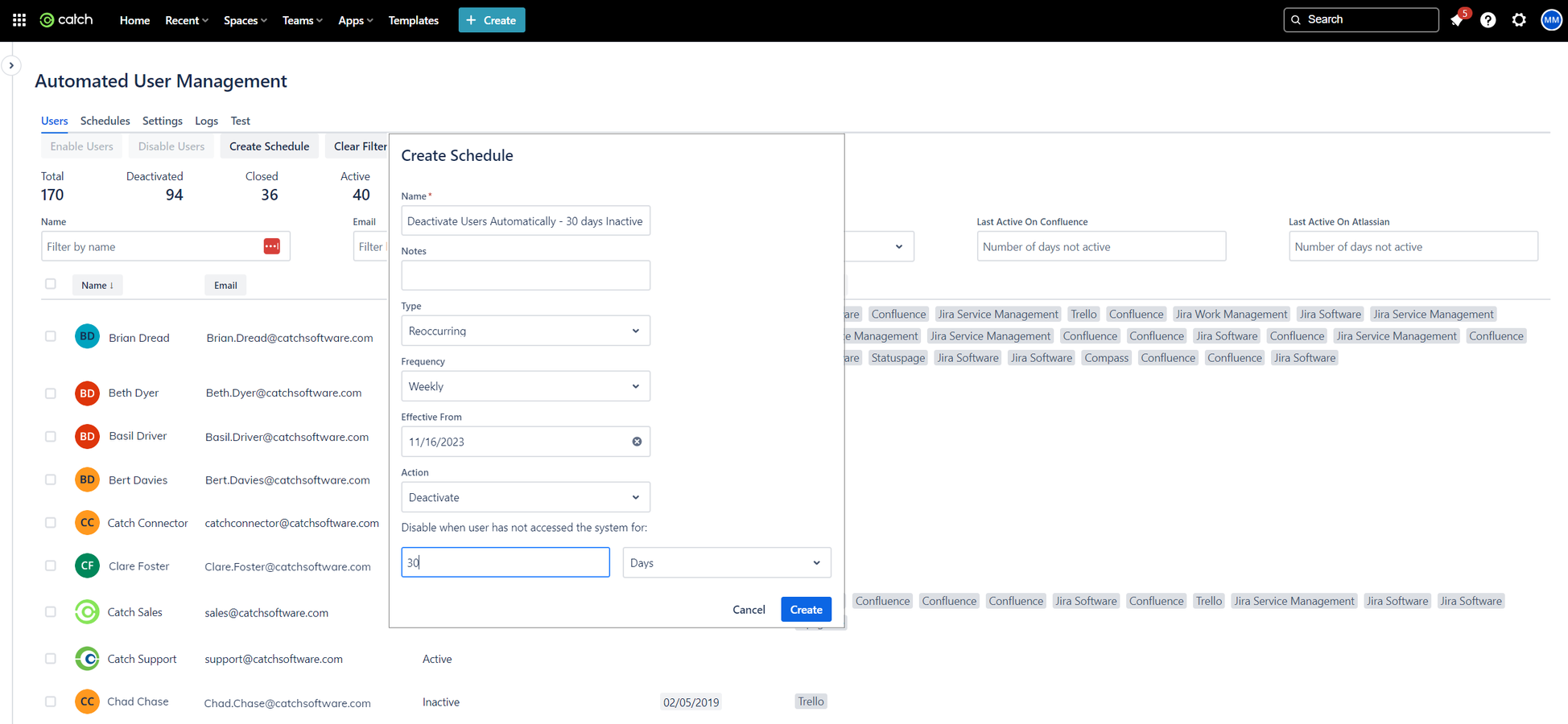 Establish automated schedules—either 1-off or recurring—to manage and revoke user access based on inactivity in Atlassian or Confluence, helping to optimize licensing costs