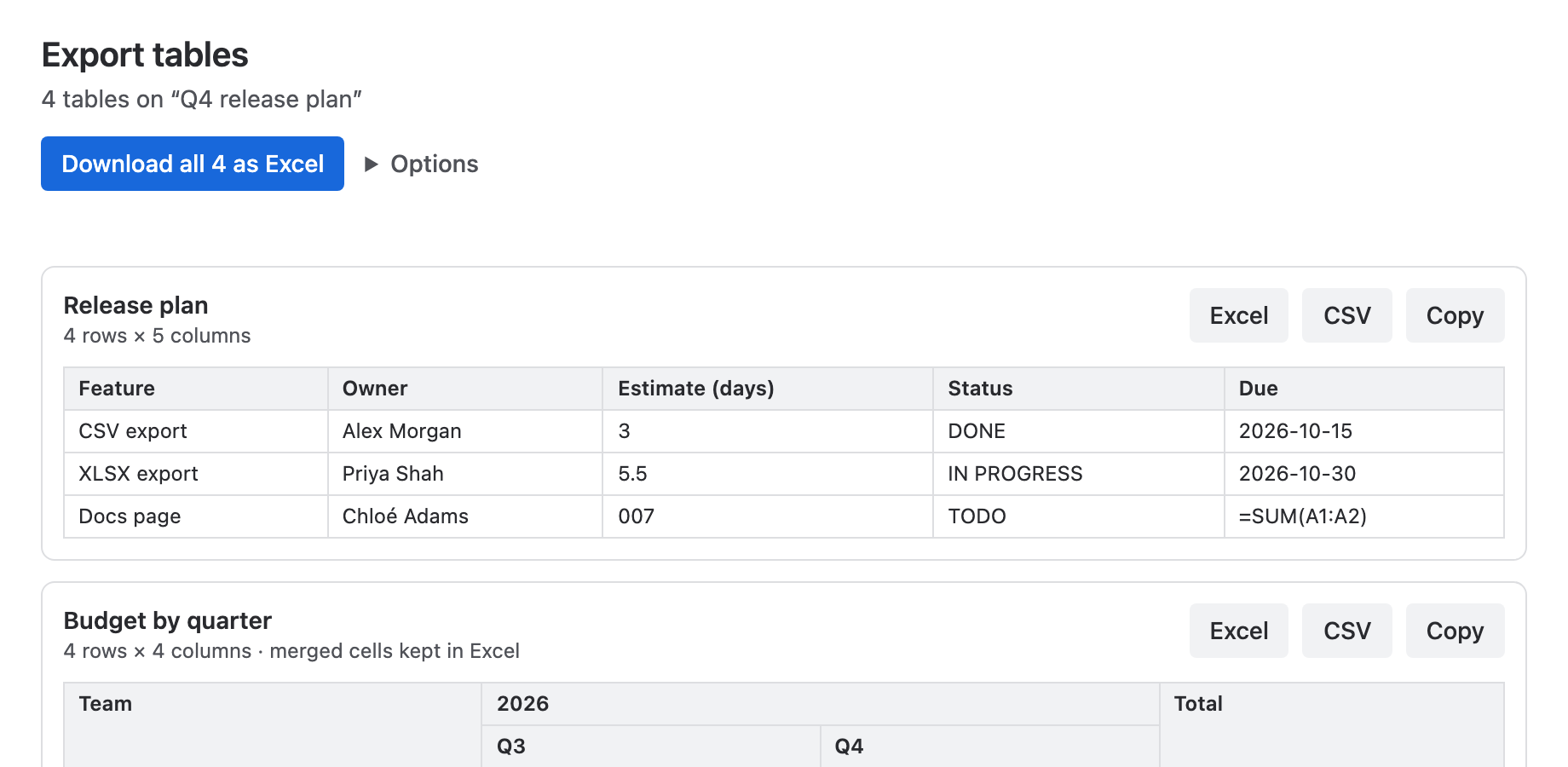 Preview stored page tables and download them together in one Excel workbook.