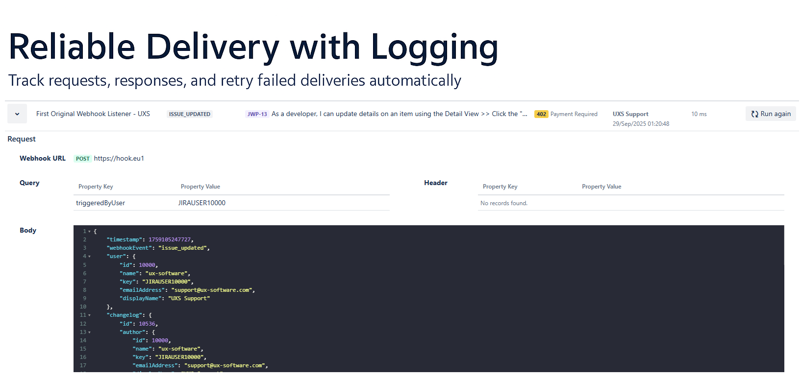Screenshot of webhook log showing request URL, JSON payload, and retry options for failed deliveries.
