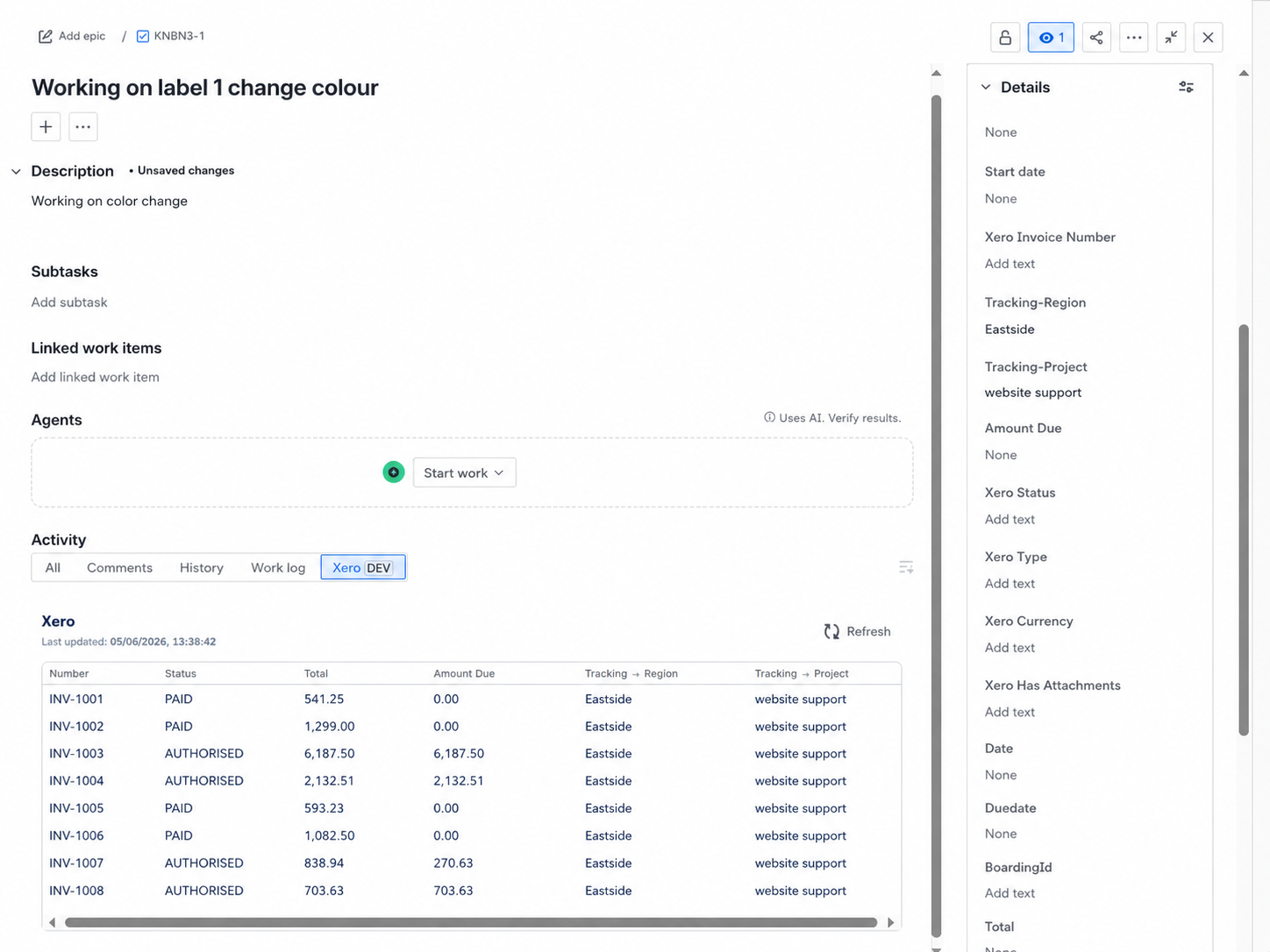 Live invoice data including tracking categories, visible directly in the Jira issue activity tab.