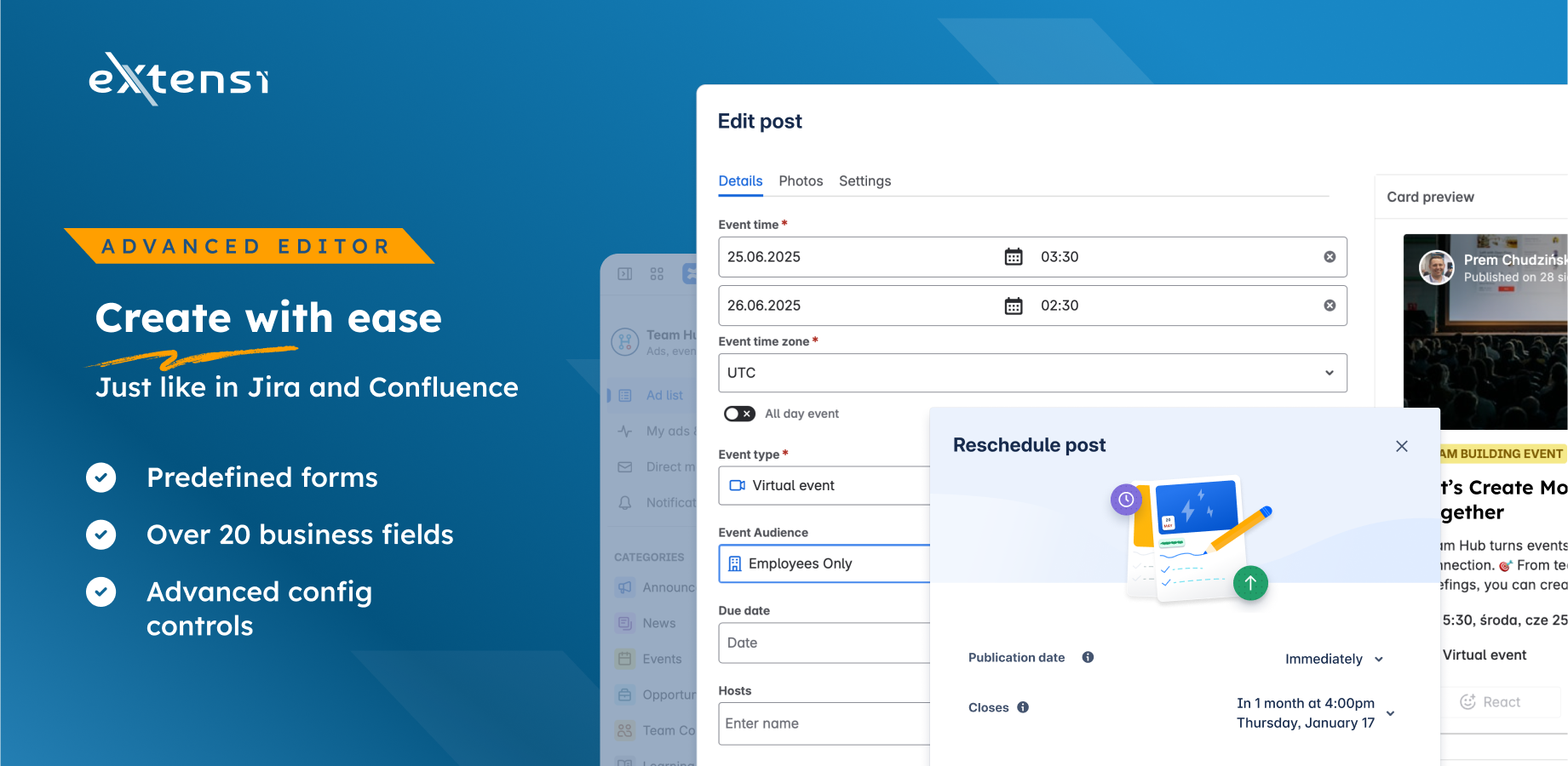 Advanced editor (forms, scheduling, config)