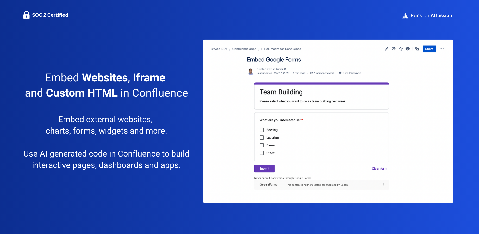 Example Google Form embed using HTML Macro for Confluence