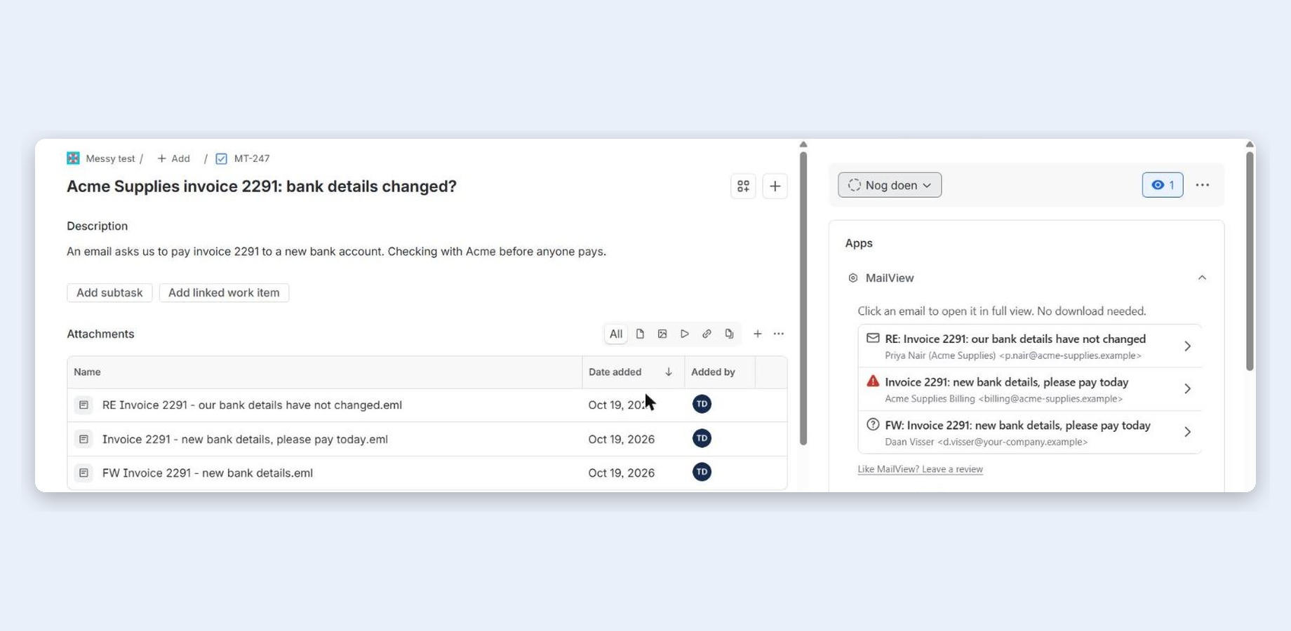 MailView in the right column of a work item: three emails about one invoice, one marked as suspicious.
