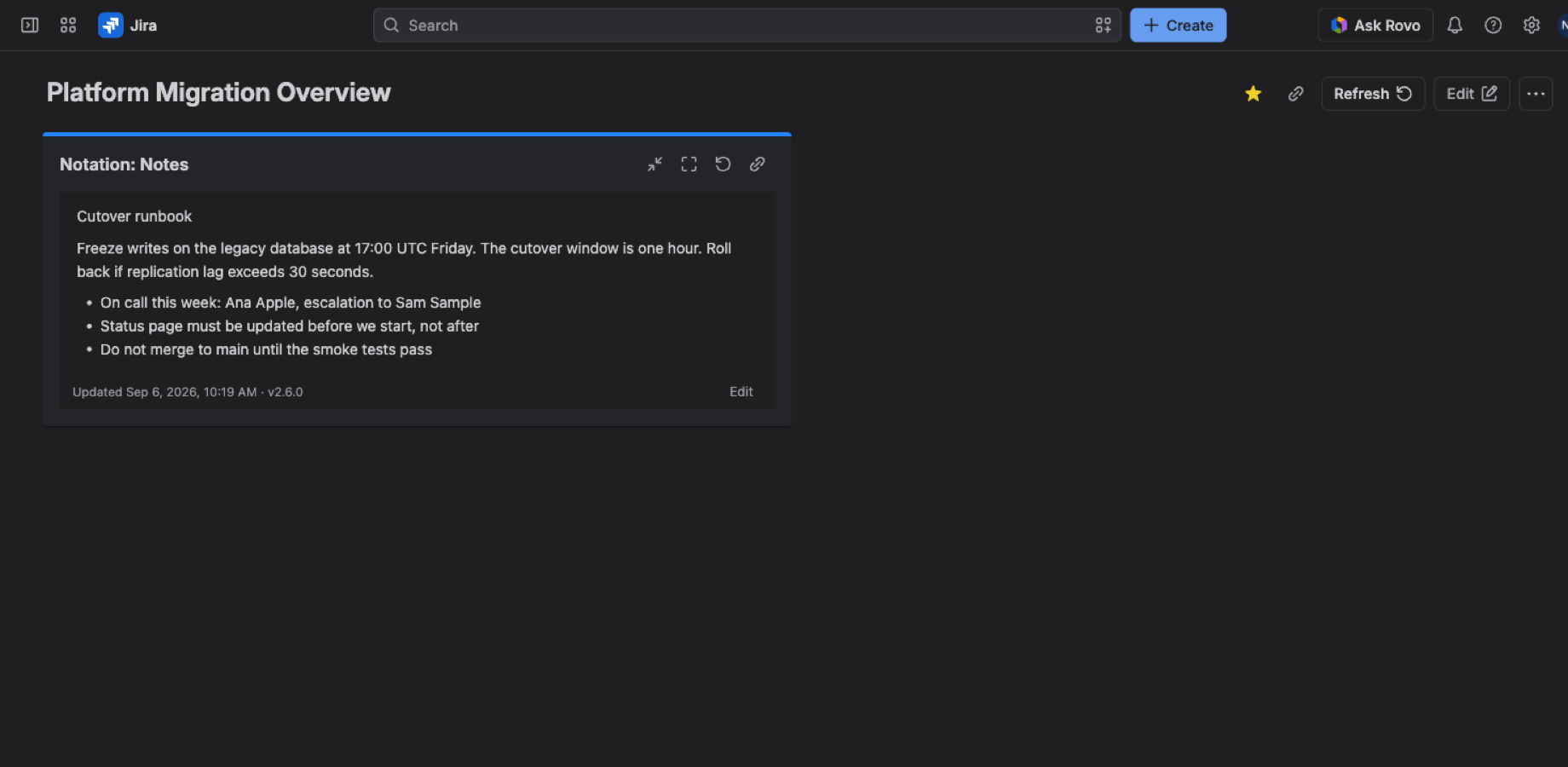 The same note rendered in Jira dark mode, matching the surrounding page rather than staying a white box