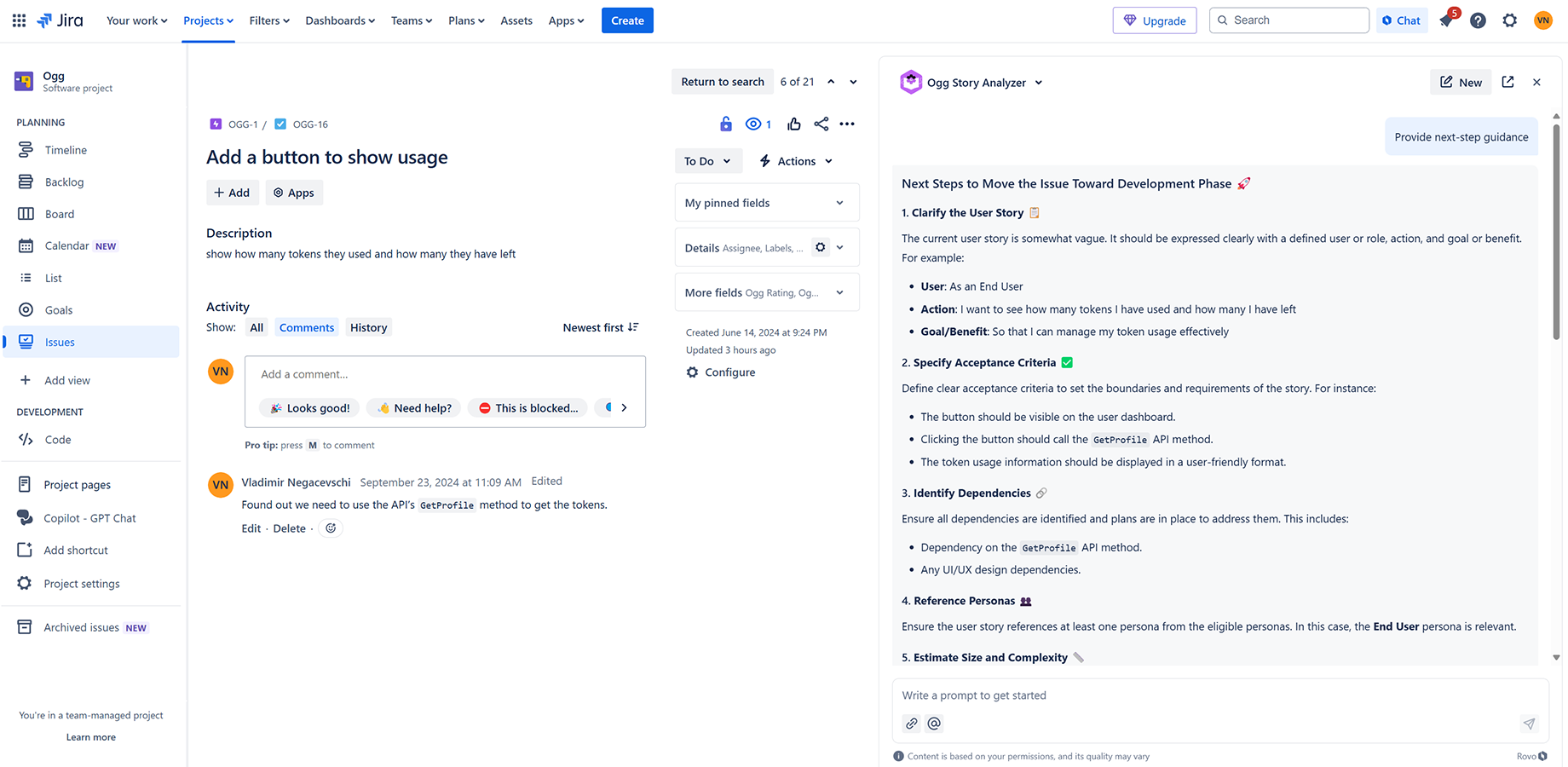 Ogg Story Analyzer providing next-step guidance on the issue.