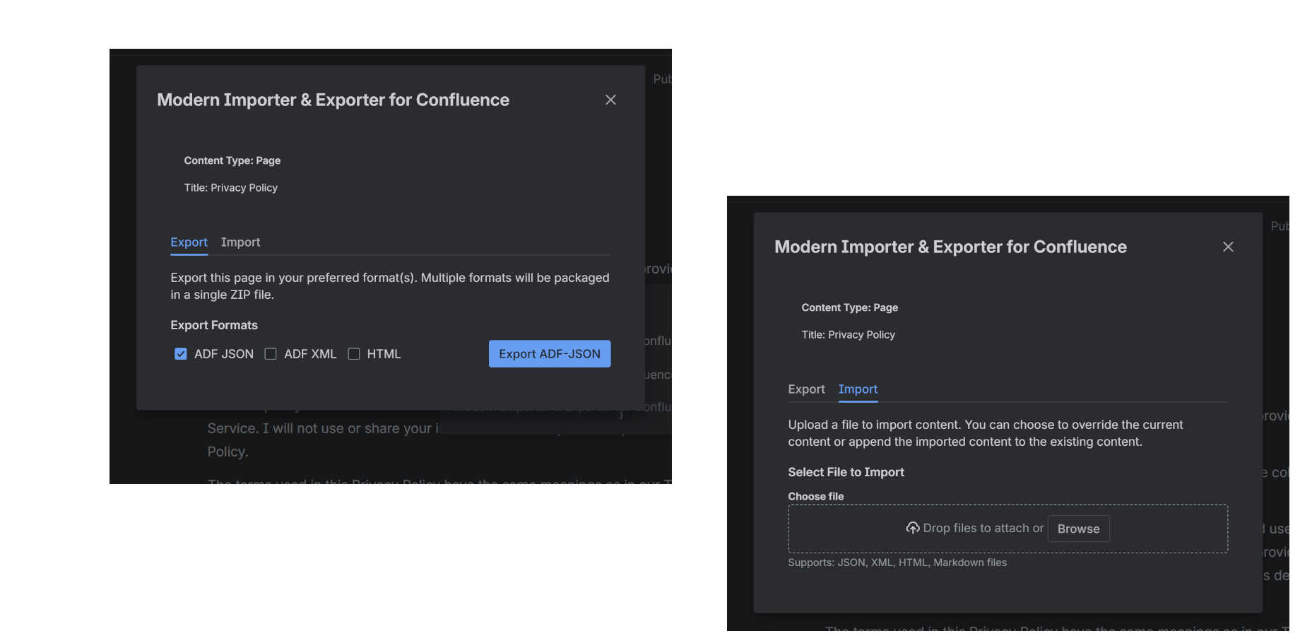 Content action to import/export for one page