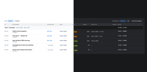 Work packages with dates, budget, actual, forecast and percentage complete.