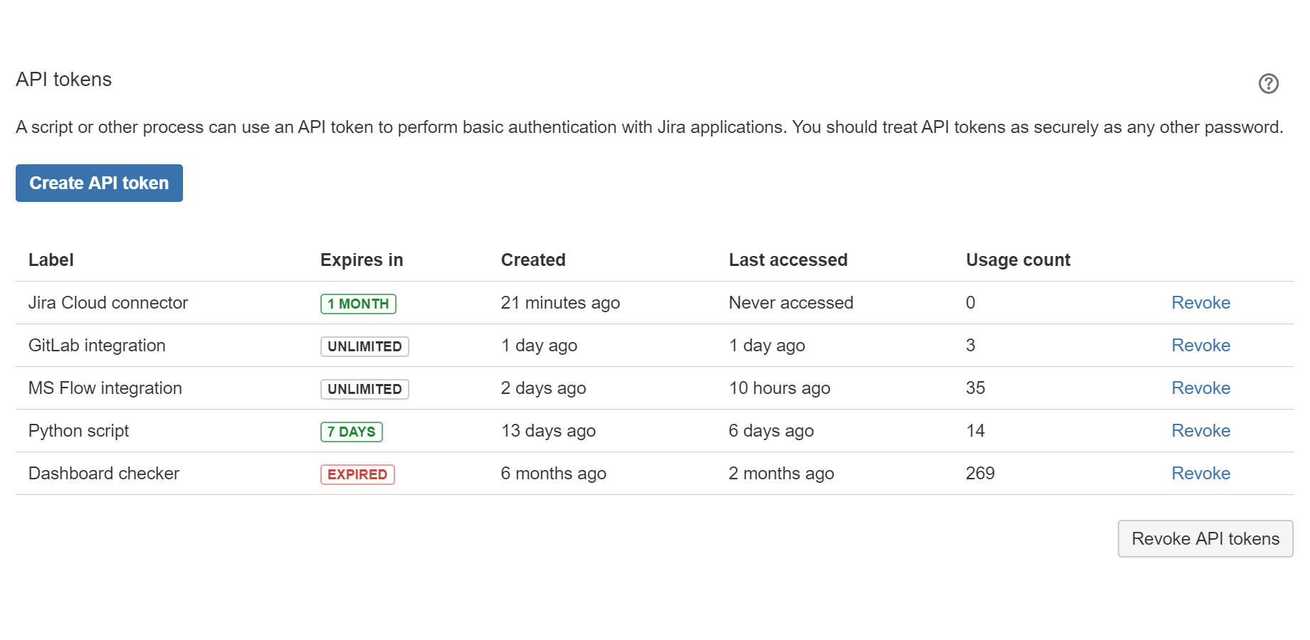 Manage all your tokens on a single page—create new, revoke individually, or revoke all with one click