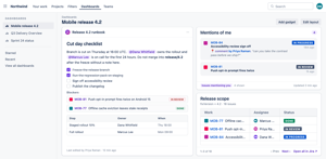 A release dashboard built from a rich-text runbook with checklists, blockers and an owner table, next to a Mentions of me feed and a release scope table filtered by fixVersion.