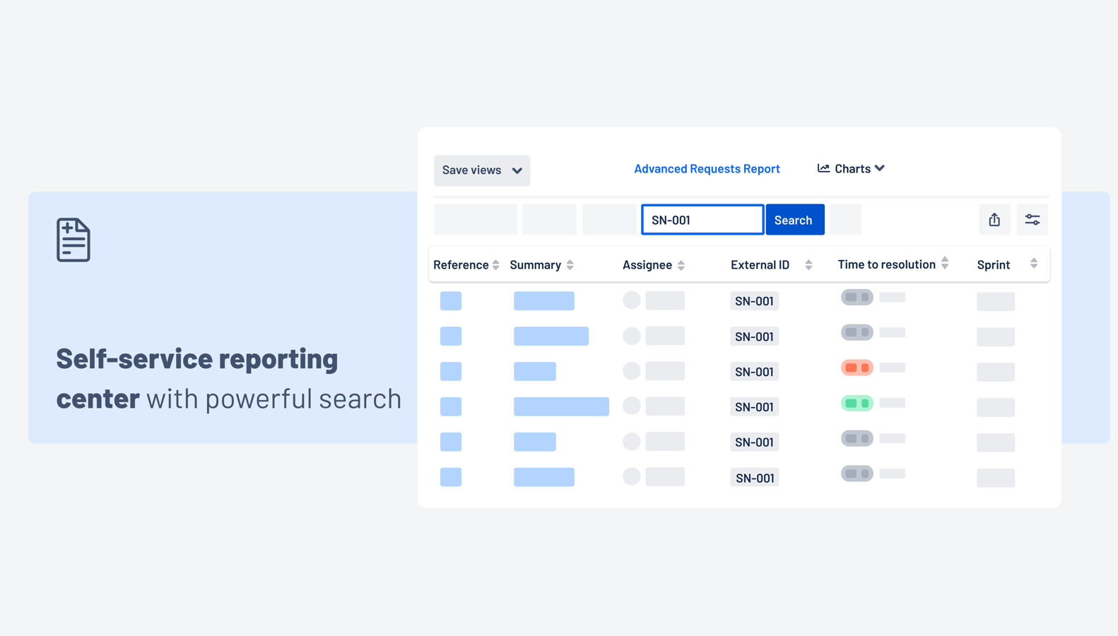 Advanced Requests Report in the JSM Customer Portal: Customers can easily monitor report data in intuitive columns, filter reports and data with a powerful search function, and build and share reports all on their own.