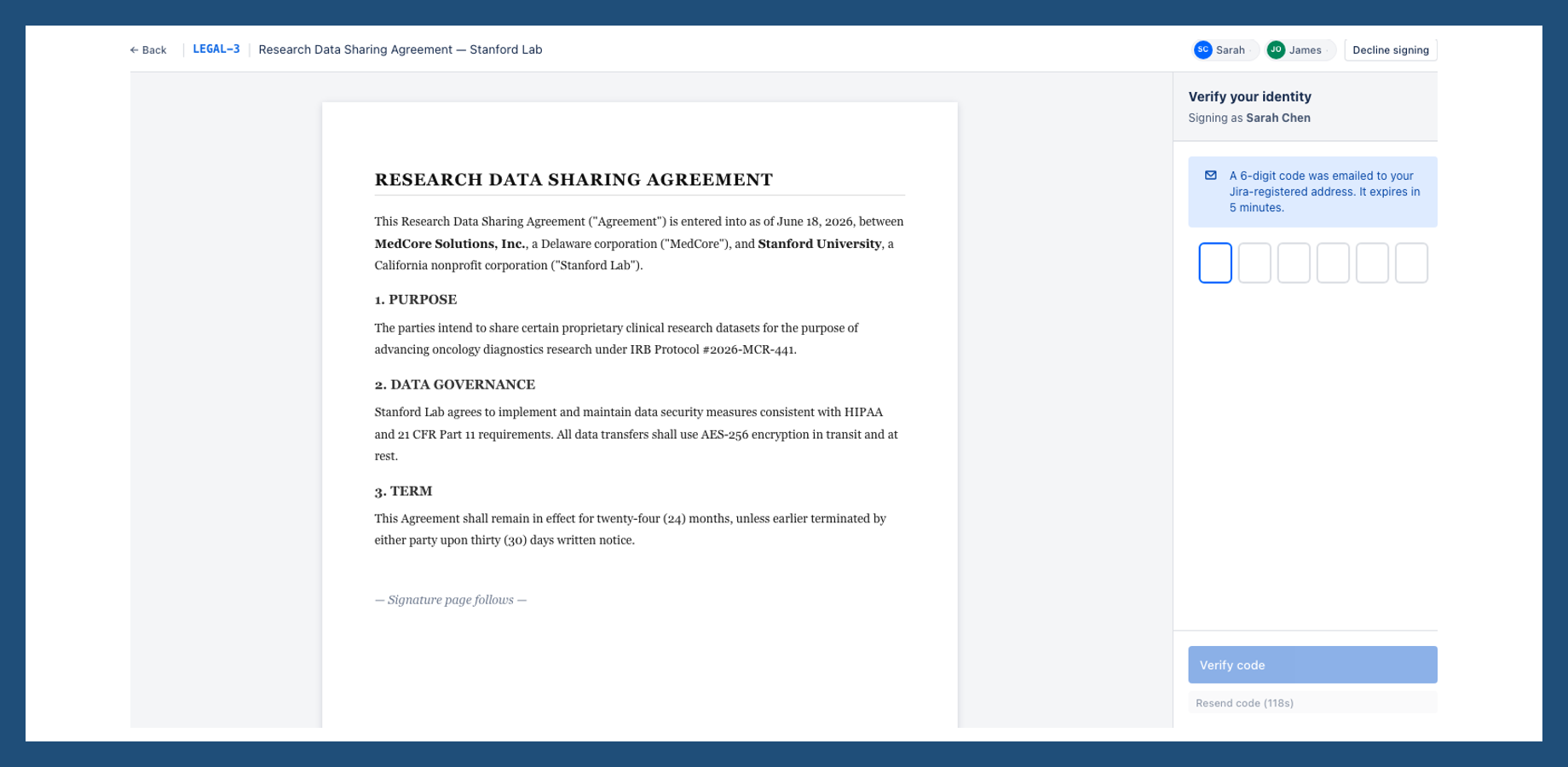 The signing session shows the contract document, OTP verification panel, and draw-or-type signature step, completing in-browser for any Jira user with no context switch.