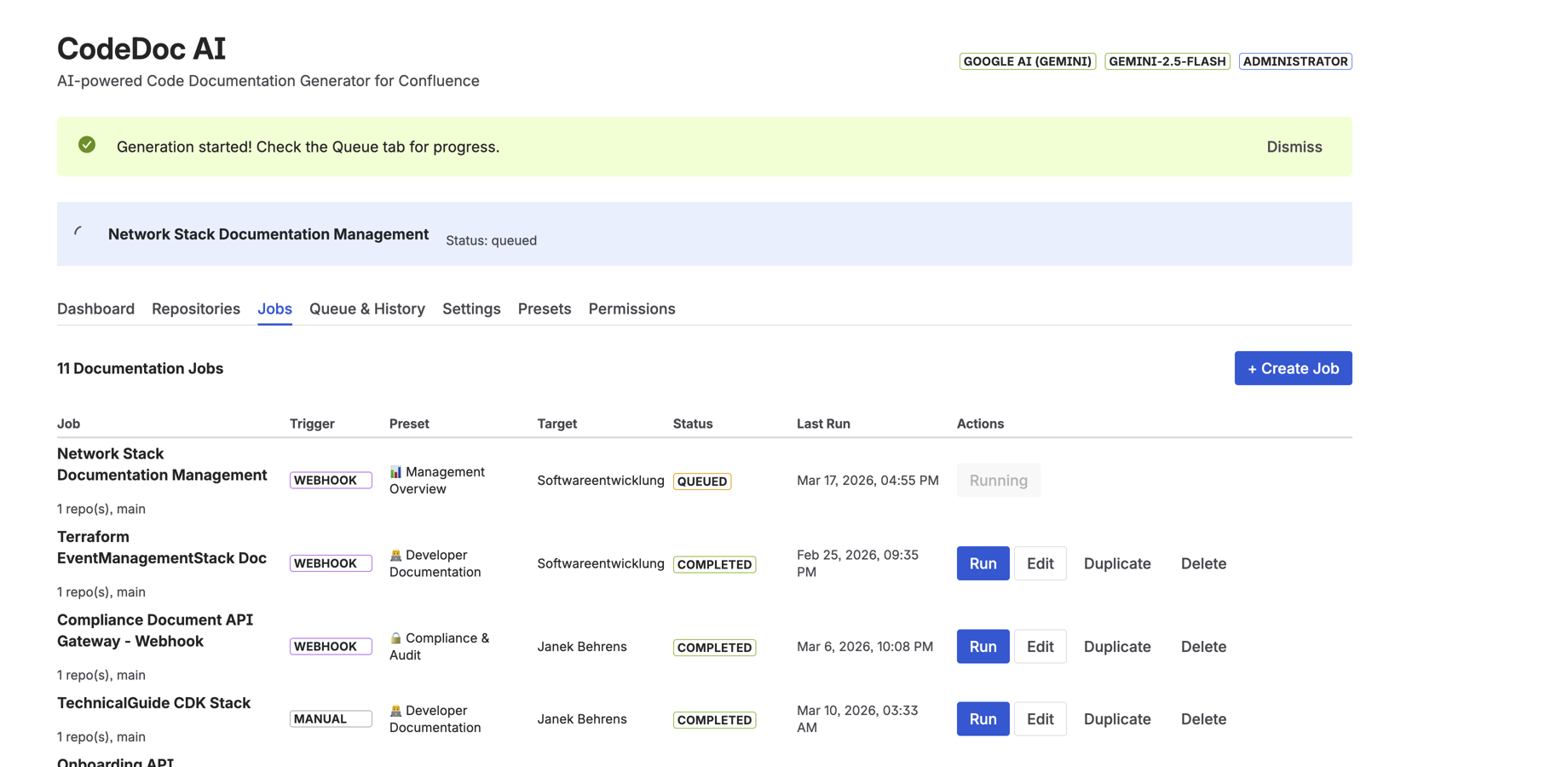 Jobs tab showing documentation jobs with different presets, triggers, and completed generation runs