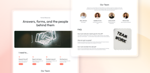 A Confluence space home built in Karma: hero section, image and button rows, a search bar and quick links in one layout, published by the team that owns the space rather than by a designer.