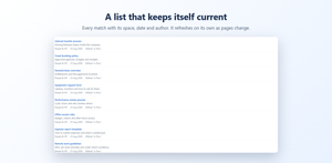 A live list on a Confluence page: each match with its space, last update date and author.
