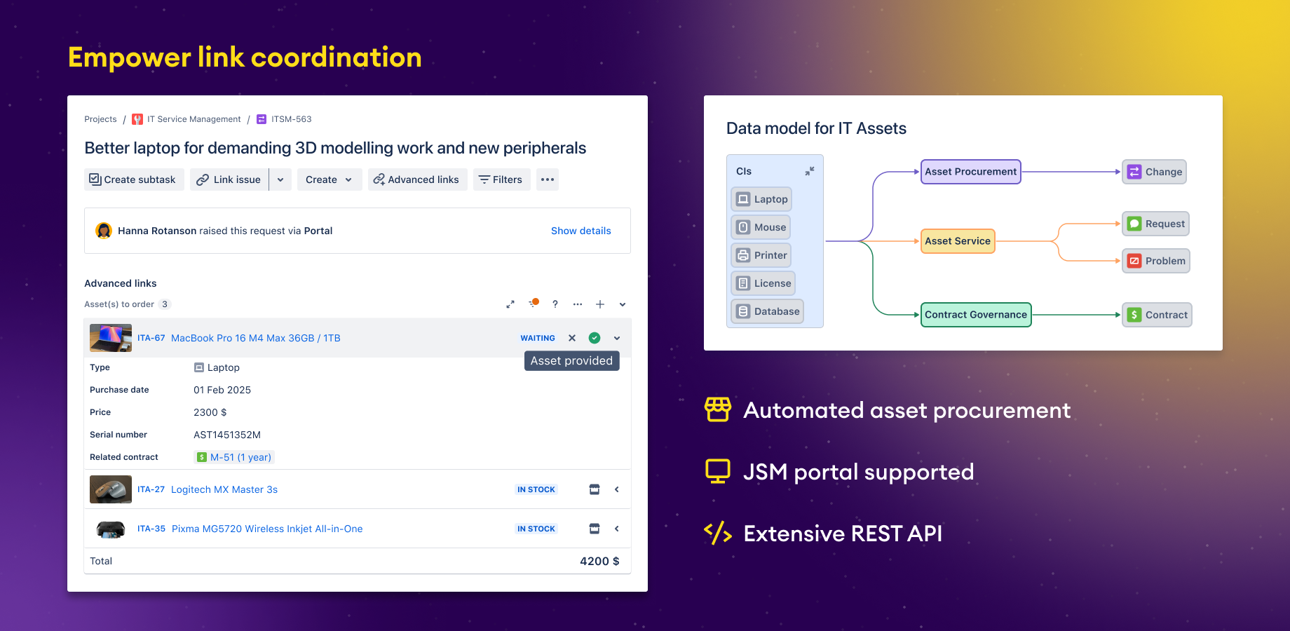 Configure advanced data model with complex relations using customizable issue picker fields. Transform JSM portal into an e-commerce solution with procurement catalogs and automated asset acquisition workflows.
