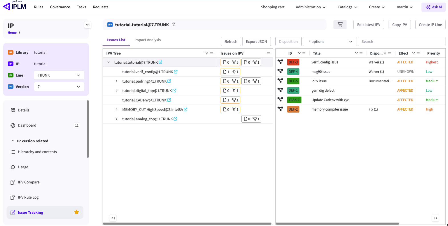The Issue Tracking page in the IPLM Web browser
