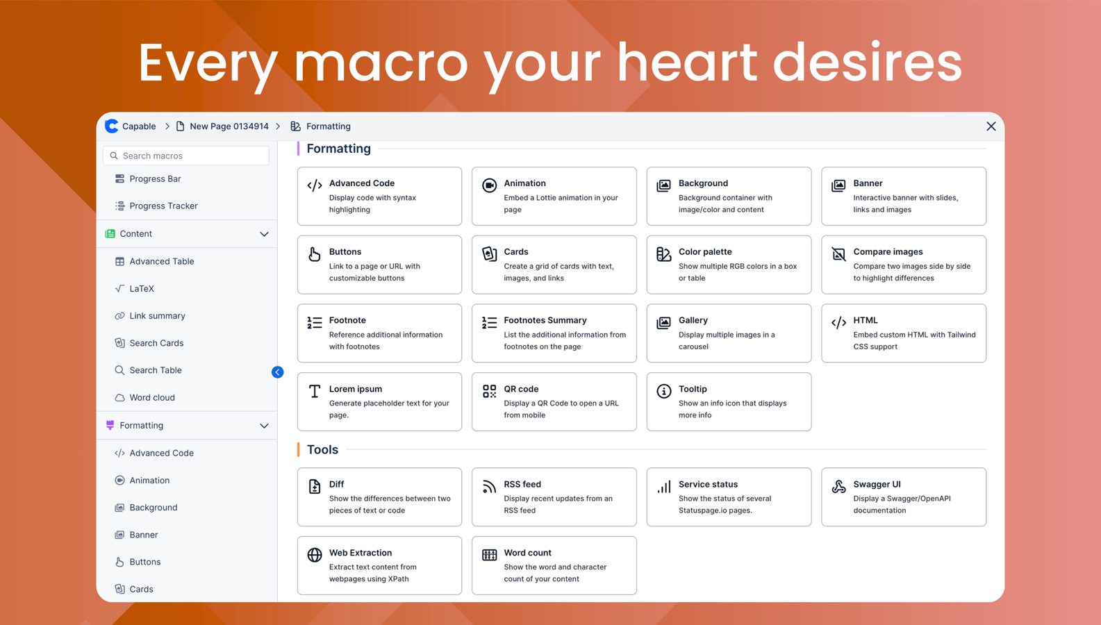 These powerful macros provide essential support for sophisticated content in Confluence.