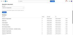 The 6 generated documents: AIMS Policy, Statement of Applicability, AI Risk Register, AI System Register, AI System Impact Assessment, Roles & Responsibilities. Each version is kept as a snapshot.
