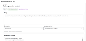 AI Scrum Assistant brings story, acceptance criteria, tests, and subtasks into one review flow so teams can edit, route, and approve AI output before Jira is updated.