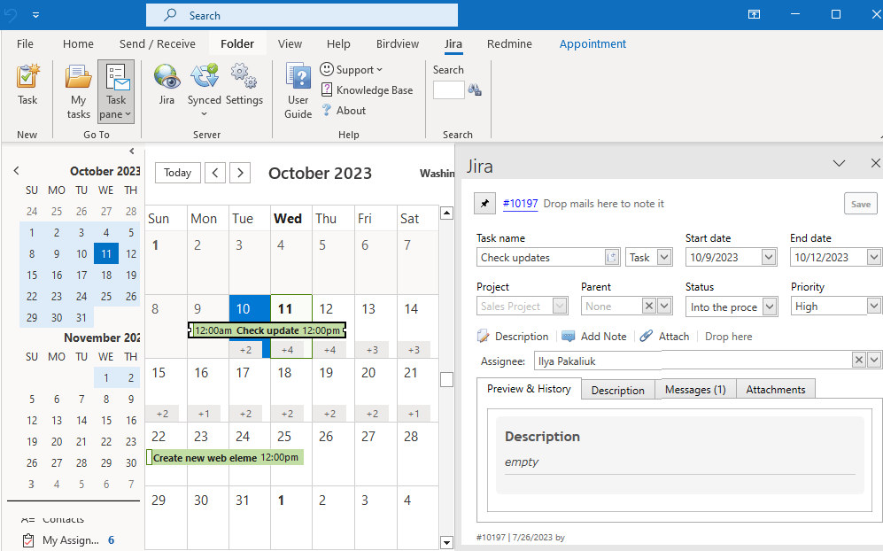 Jira issues that are assigned to you will be imported to the Outlook calendar.