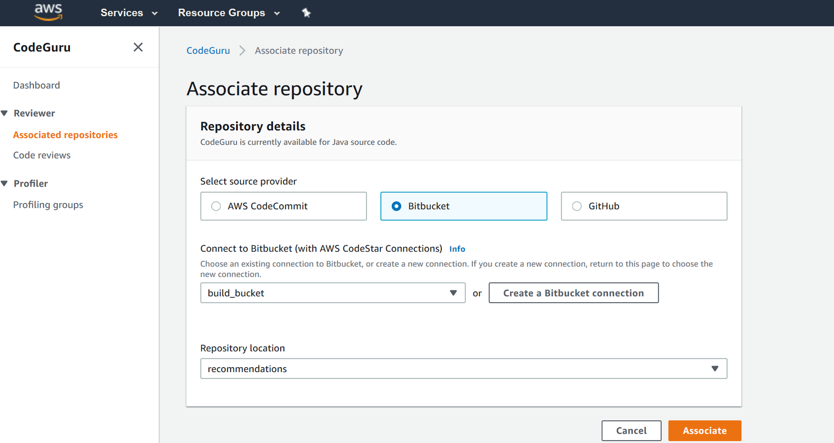 Associate CodeGuru Reviewer with Bitbucket Cloud