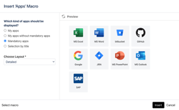 Use the "Apps" macro to include a selection of apps (personal and/or recommended) on any page or your dashboard.