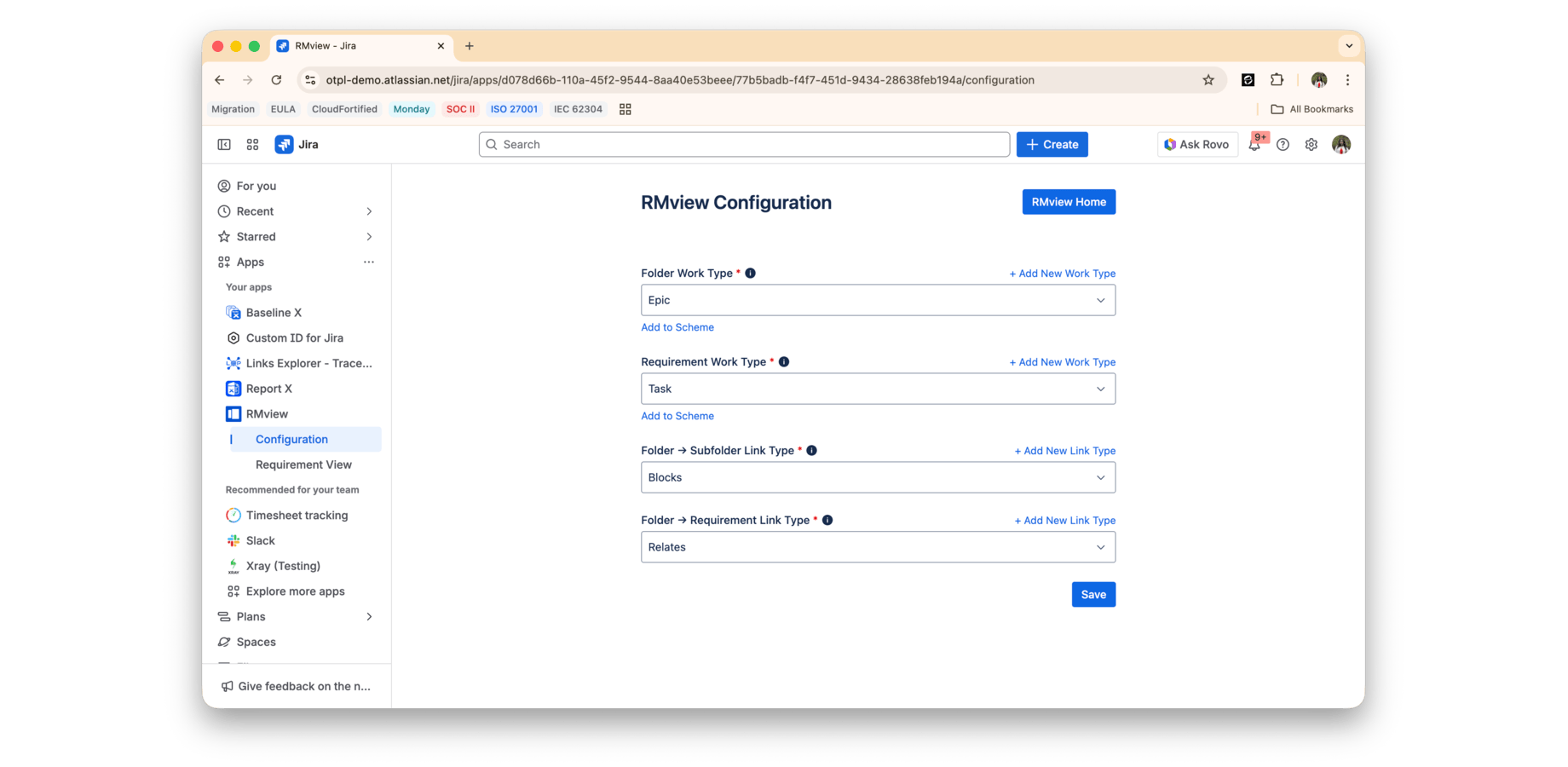 Set up RMview with flexible configuration. Select or create issue types for folders and requirements, map link relationships, and enable RMview in projects effortlessly.