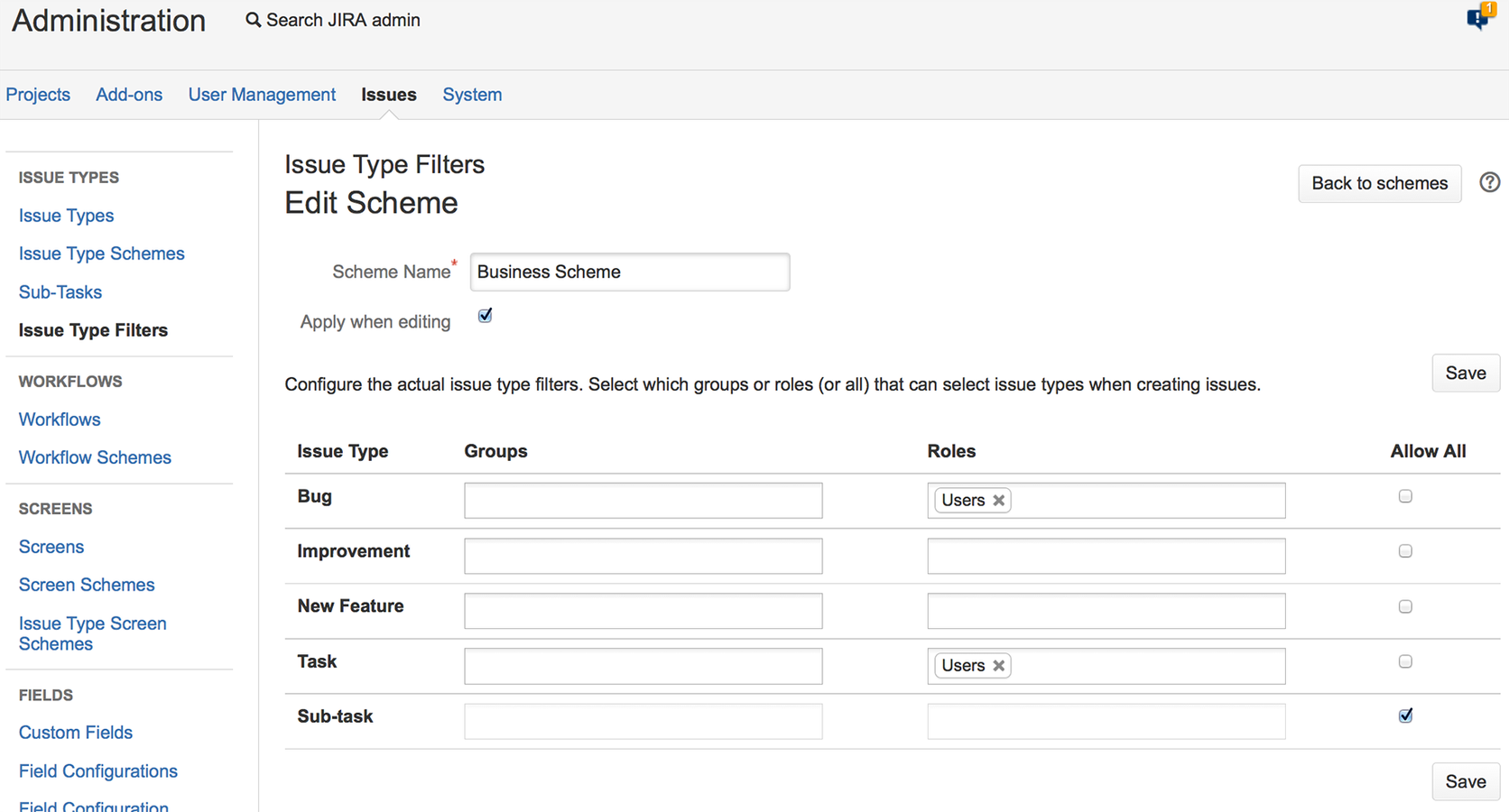 It's easy to create a scheme using the Add Scheme form. Simply choose the groups or roles (or allow all) that are limited to an issue type.