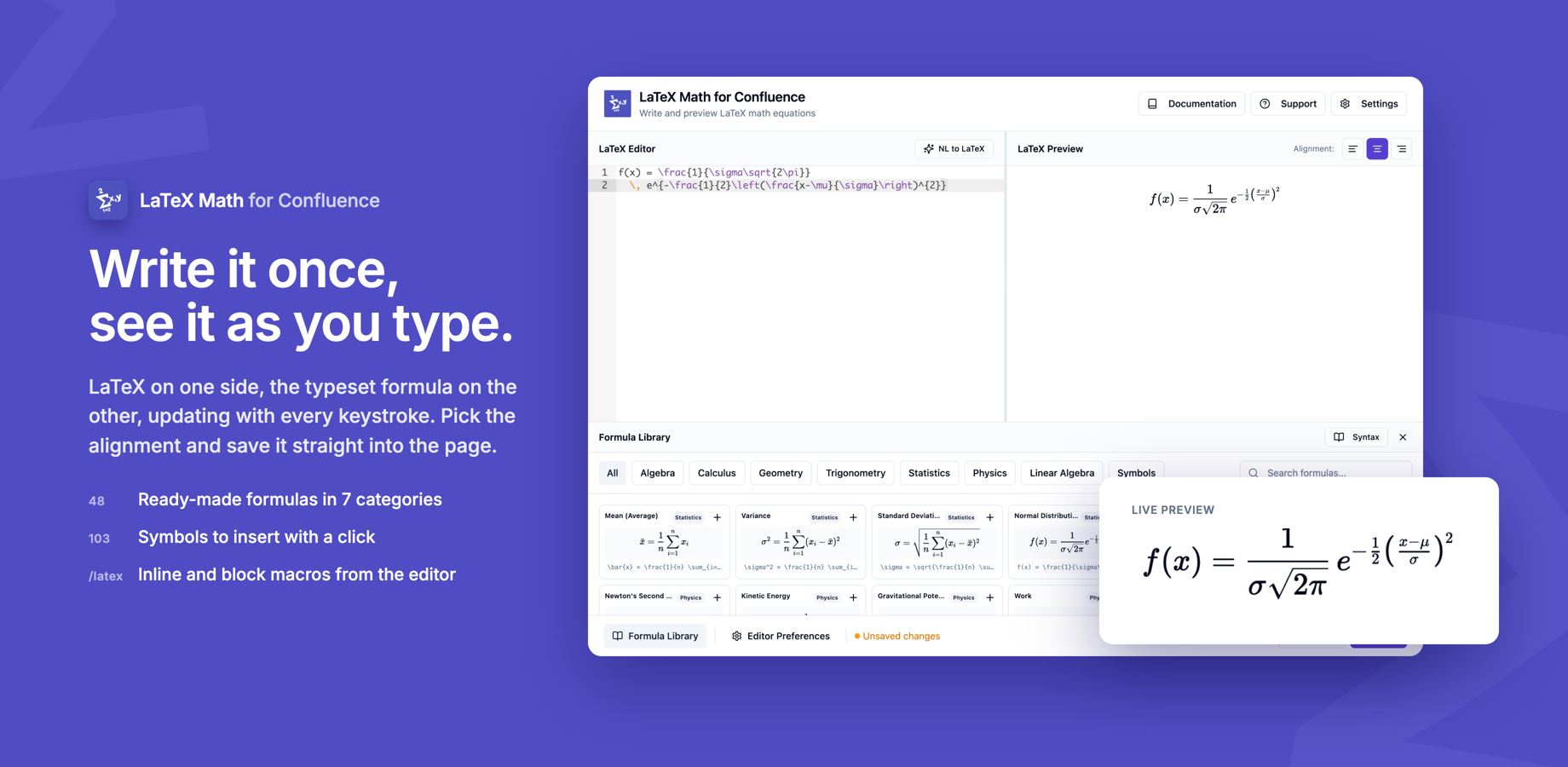 The block macro editor with the formula library open