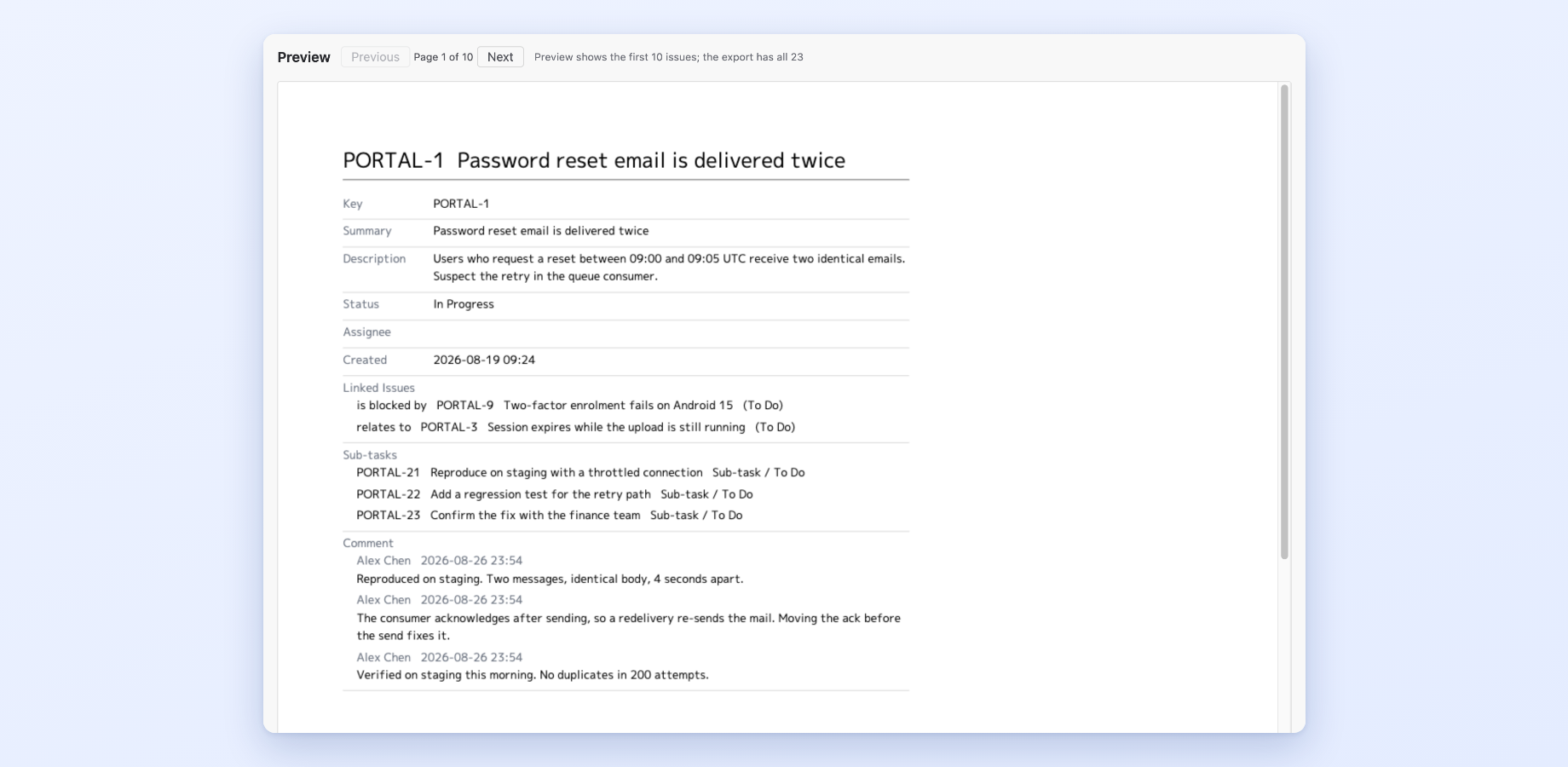 A single work item page with its links, subtasks and comments - built in your browser from data read with your own permissions.