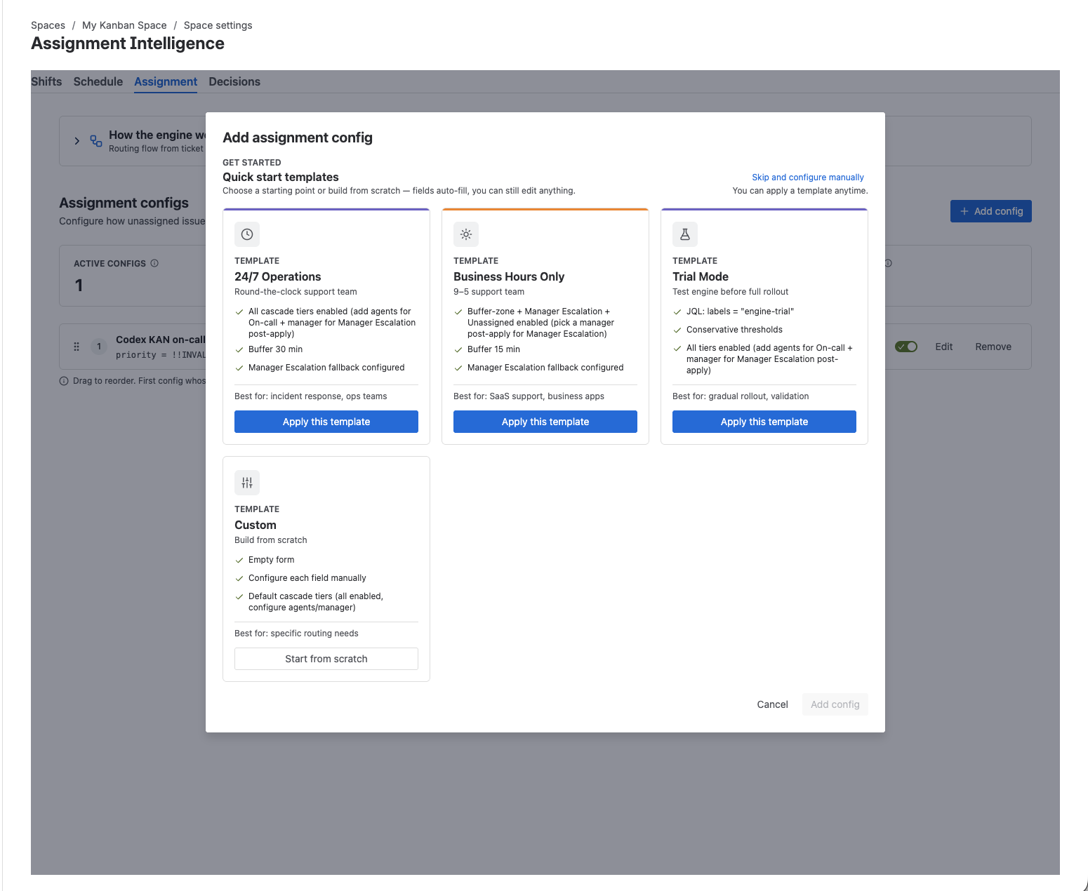 The assignment cascade evaluates each tier in sequence and assigns the ticket instantly when a match is found.