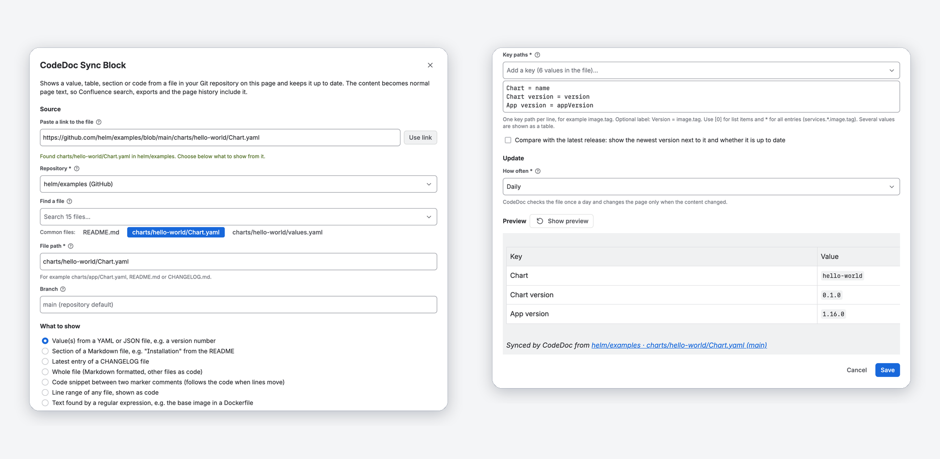 Sync block settings: a GitHub link filled in repository and path; the preview shows the table the block will put on the page.