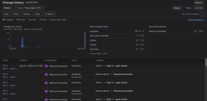 Dark mode on a real Jira site. The palette comes from Atlassian's own design tokens, so FastHistory follows whatever theme the viewer has set, without a setting of its own.