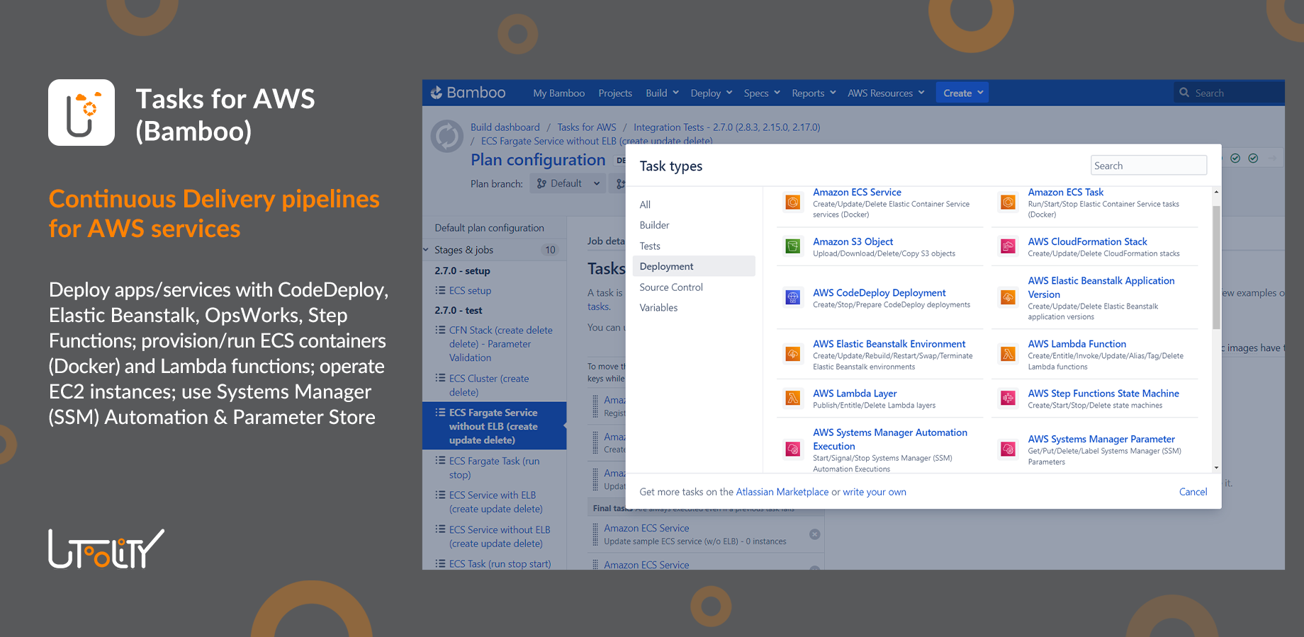 Illustrates available tasks for AWS CloudFormation, AWS CodeDeploy, AWS Elastic Beanstalk, AWS Lambda, Amazon EC2, Amazon EC2 Container Service (ECS), Amazon EBS, and Amazon S3