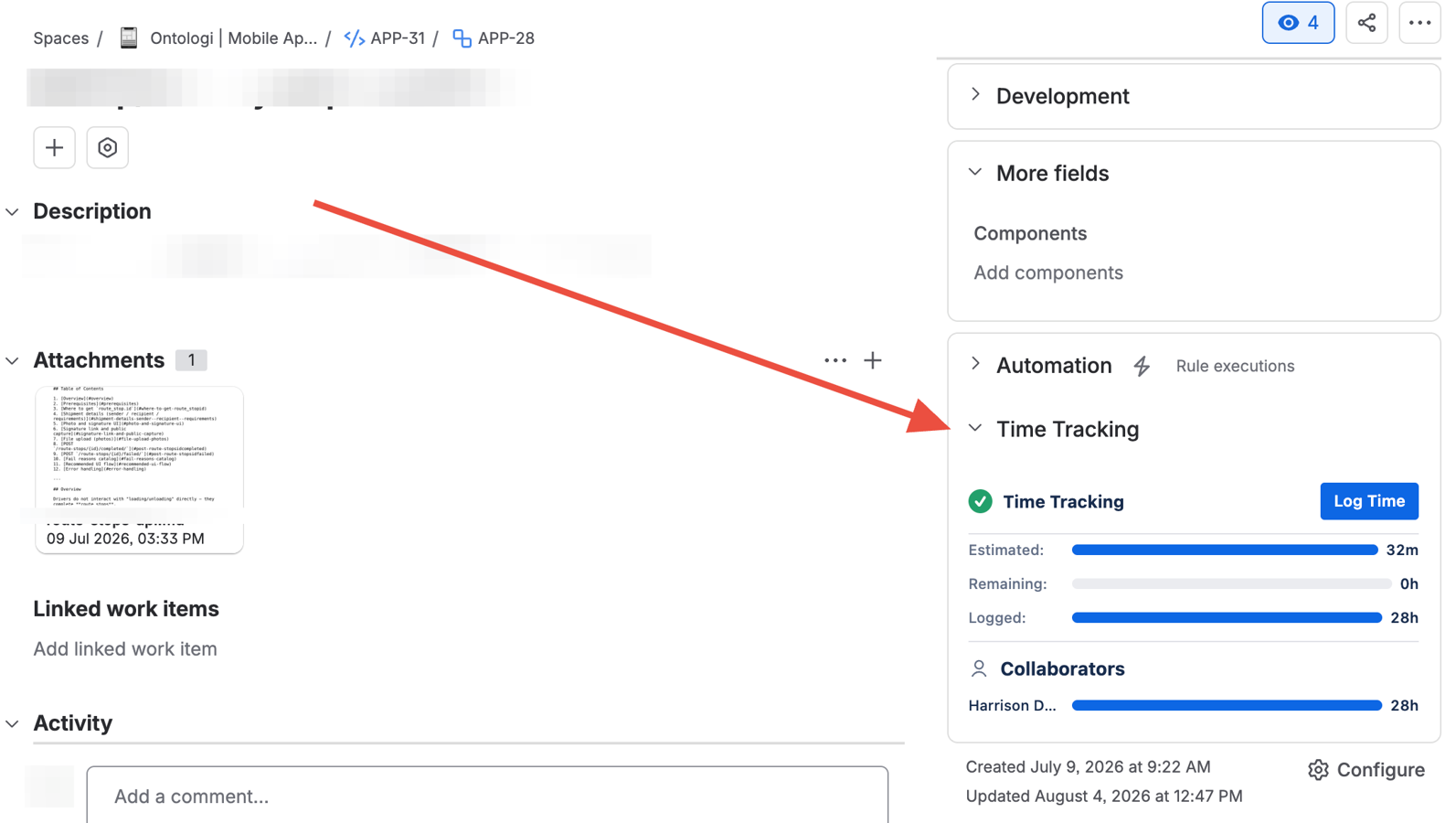 Log work and monitor progress directly from the Jira issue panel.