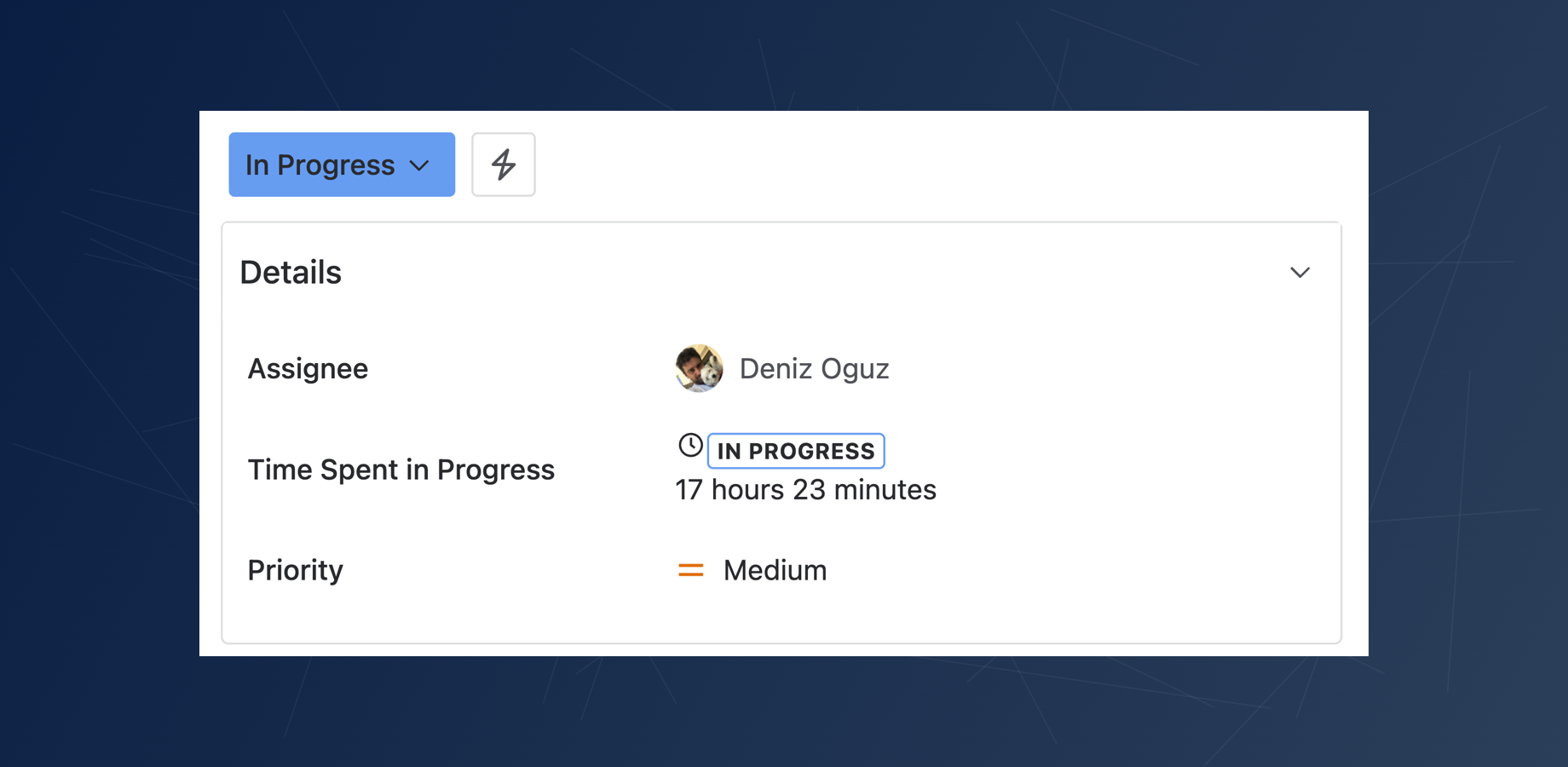The "Time Spent in Progress" custom field on an issue view, displaying the time the issue has been in the "In Progress" status as "17 hours 23 minutes".