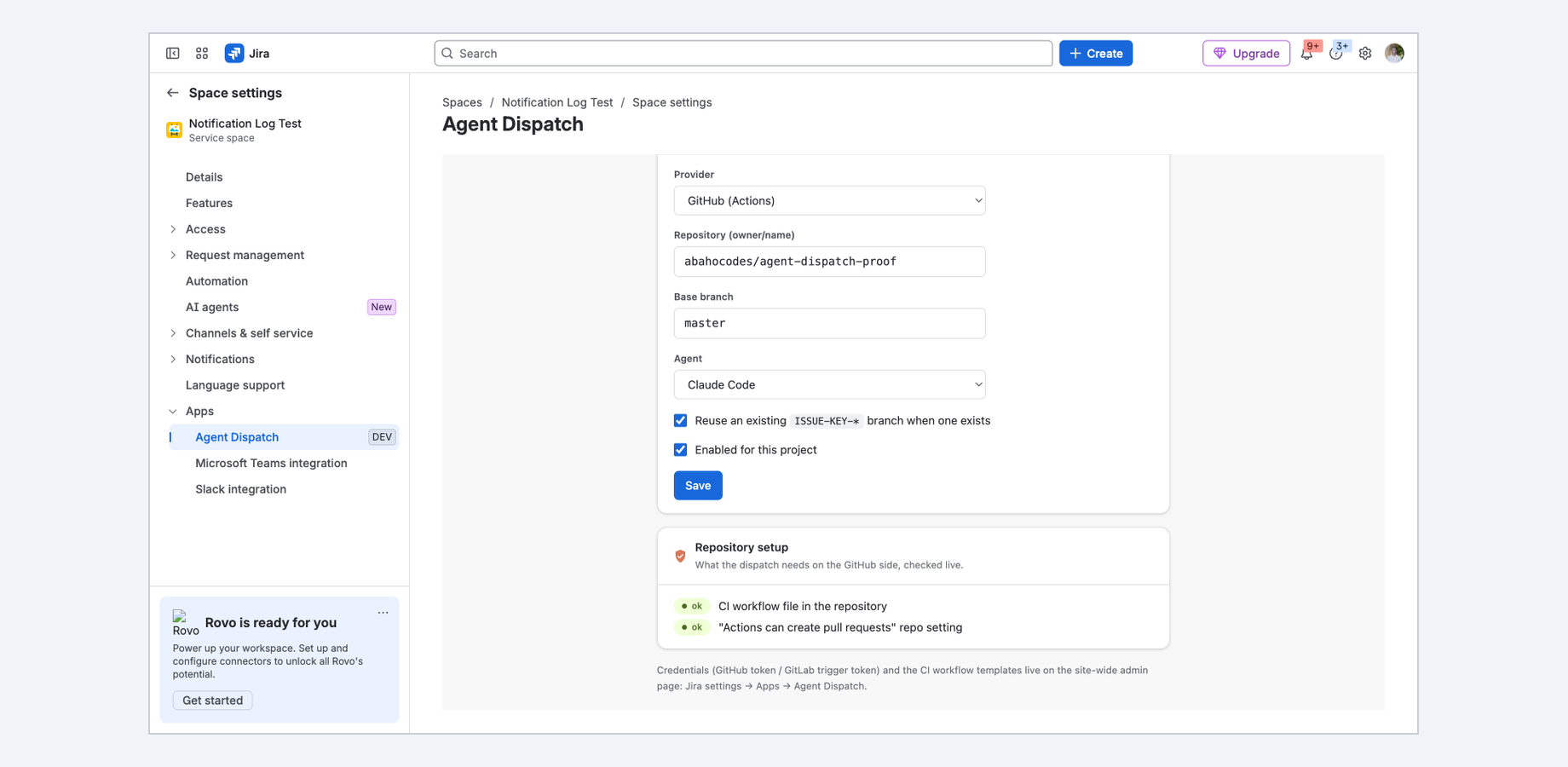 Project settings in Jira: GitHub provider, repository and base branch mapped, Claude Code selected, live repository checks green.