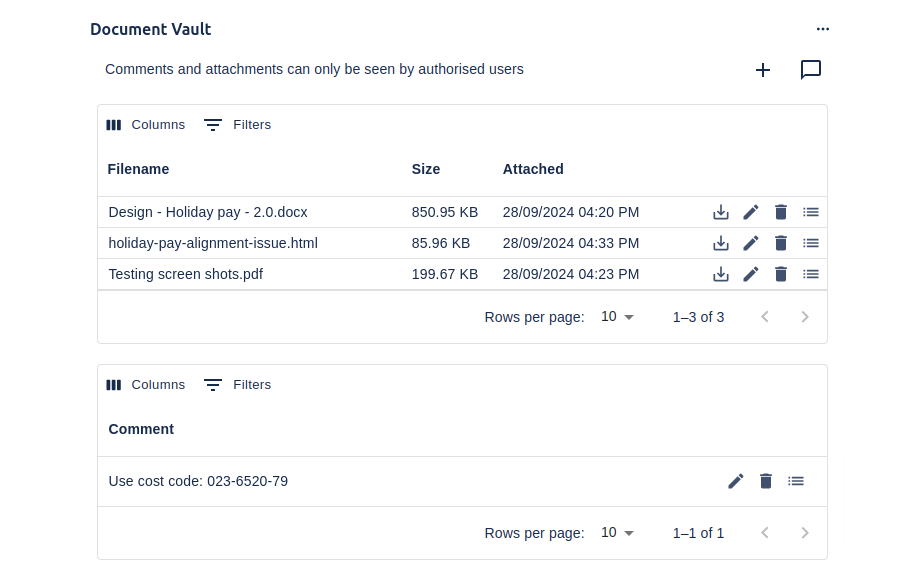 The Issue containing the Document Vault attachments as seen by an authorised user
