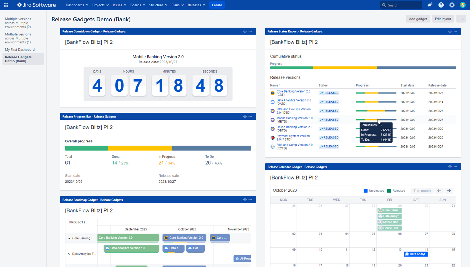 Put your Release Progress Bars and/or Release Status Reports to Jira Dashboards. You can also outline countdown timers for most important deliveries and show progress bars for any release/project scope via custom JQL.