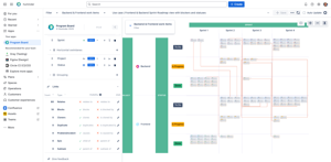 Sprint-roadmap with blocking link types and statuses between projects.