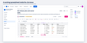 Issue PAY-1482 in a Jira project, with the spreadsheet open below the description: workstreams, owners, points totalled by formula, and Q3 Release, Sprint load and Risks as tabs.